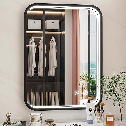 JSneijder Espejo de baño LED de 24 x 32 pulgadas con luces marco negro espejo LED antiempañamiento regulable para maquillaje