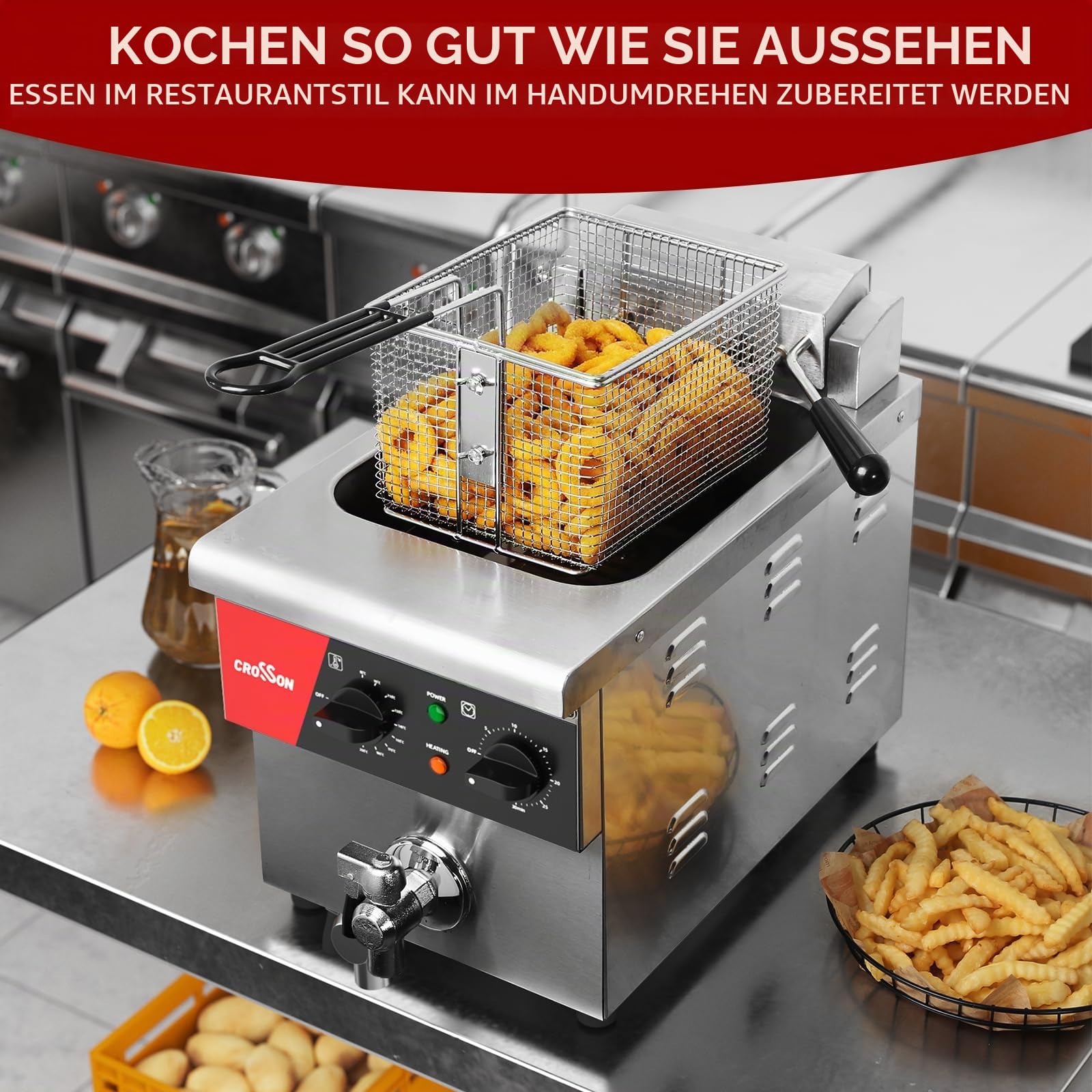 CROSSON Kommerzielle Elektrische Fritteuse 8 Liter,3250W Professionelle Elektrische Fritteuse aus Edelstahl mit ablaufhahn,Temperaturkontrolle 80-200°C für Hotel- und Gastronomieküchen