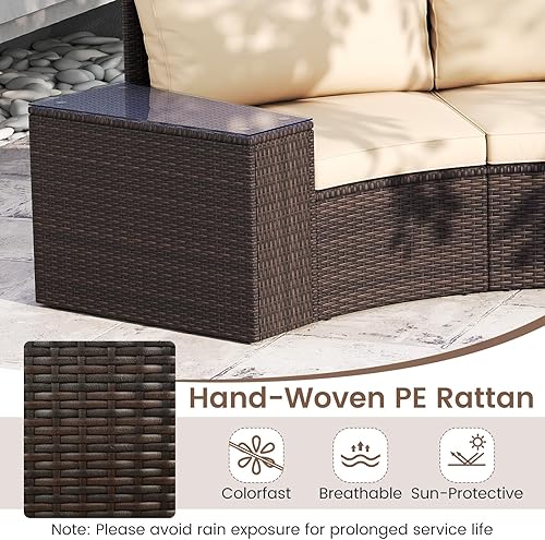 Miniatura 8 de Tangkula Juego de muebles de patio de 5 piezas, sofás acolchados seccionales curvados de media luna de ratán con mesas laterales superiores de