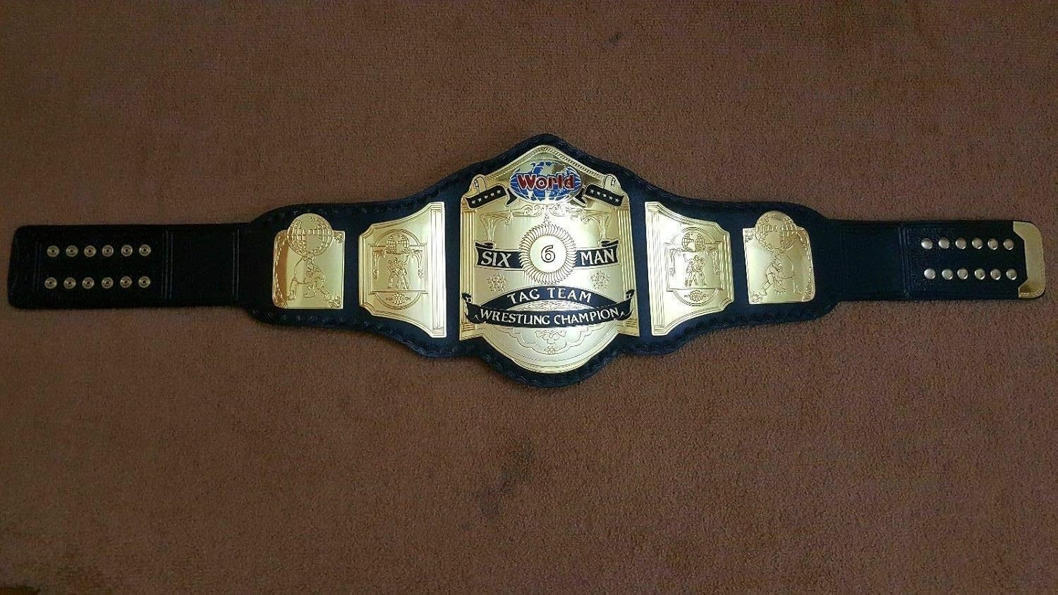 Maxan World SIX Man Championship Title Belt 4mm Brass Gold Plates Adult Size