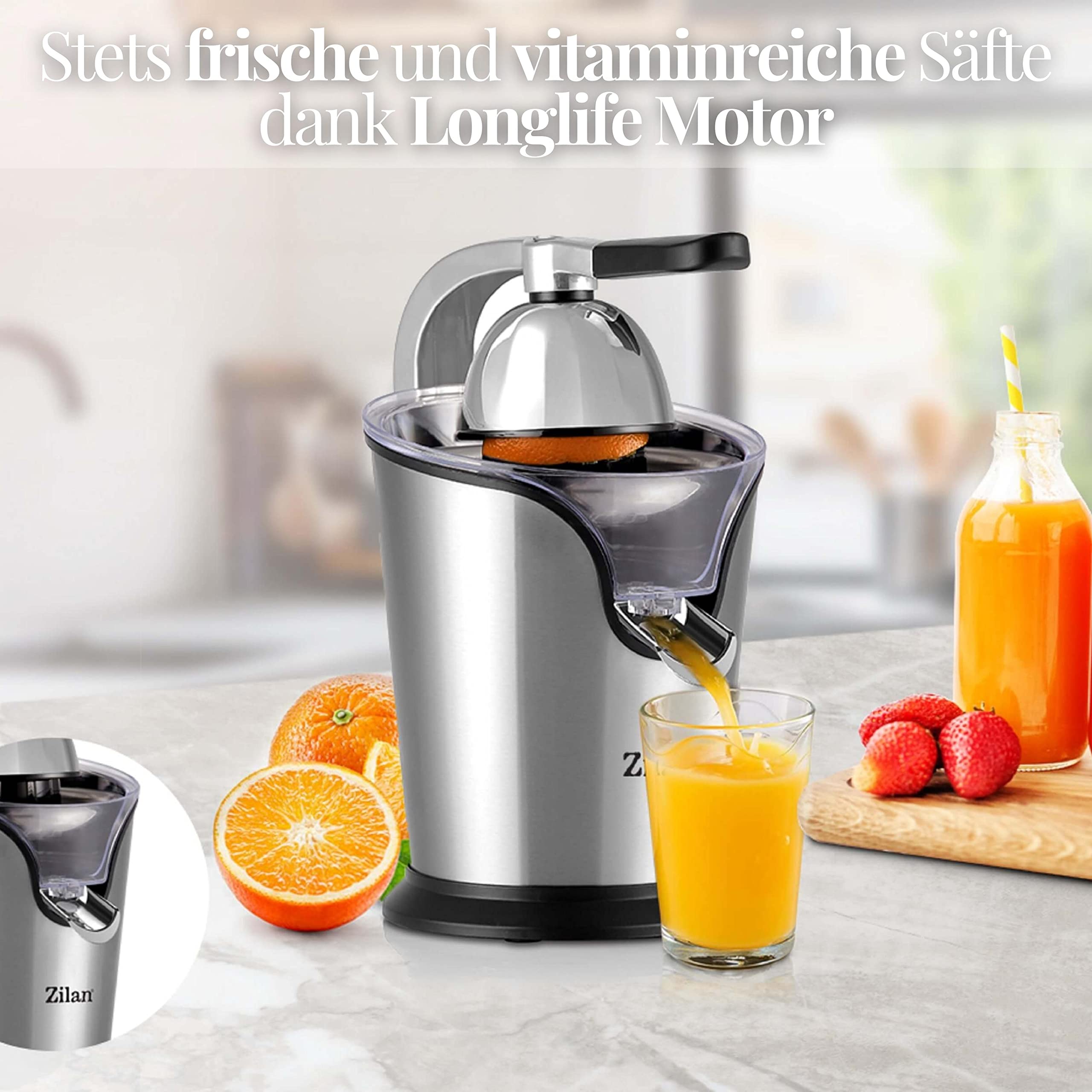 Elektrische Edelstahl Zitruspresse | Longlife-Motor | 500 Watt | 2 Presskapseln | Edelstahlsieb | Elektrische Saftpresse | Auto-Start-Stop | Entsafter