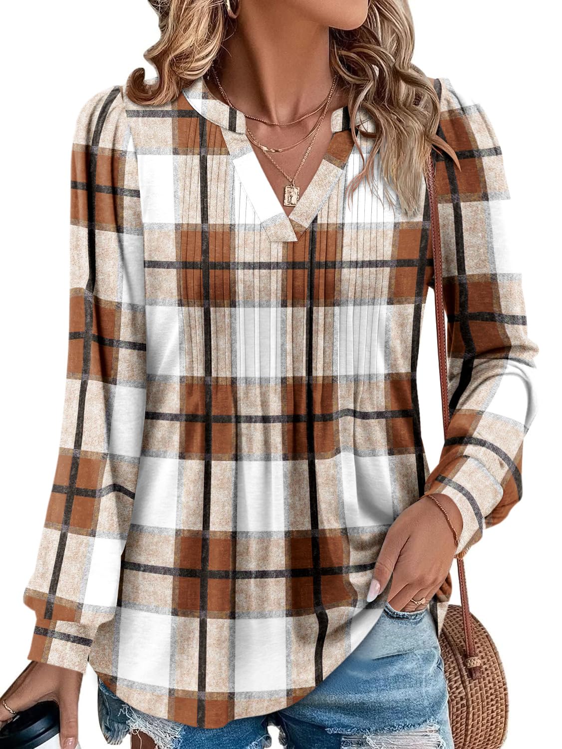 onlypuff Women's Puff Sleeve Tunic Tops V Neck Pleated Blouses Dressy Casual Loose T-Shirts