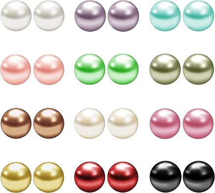 JewelrieShop Fake Pearl Earrings Stud Set Faux Colorful Pearls Earring Pack for Women Hypoallergenic Stainless Steel Ball Studs Earing for Women Jewelry 12pairs, Assorted Size