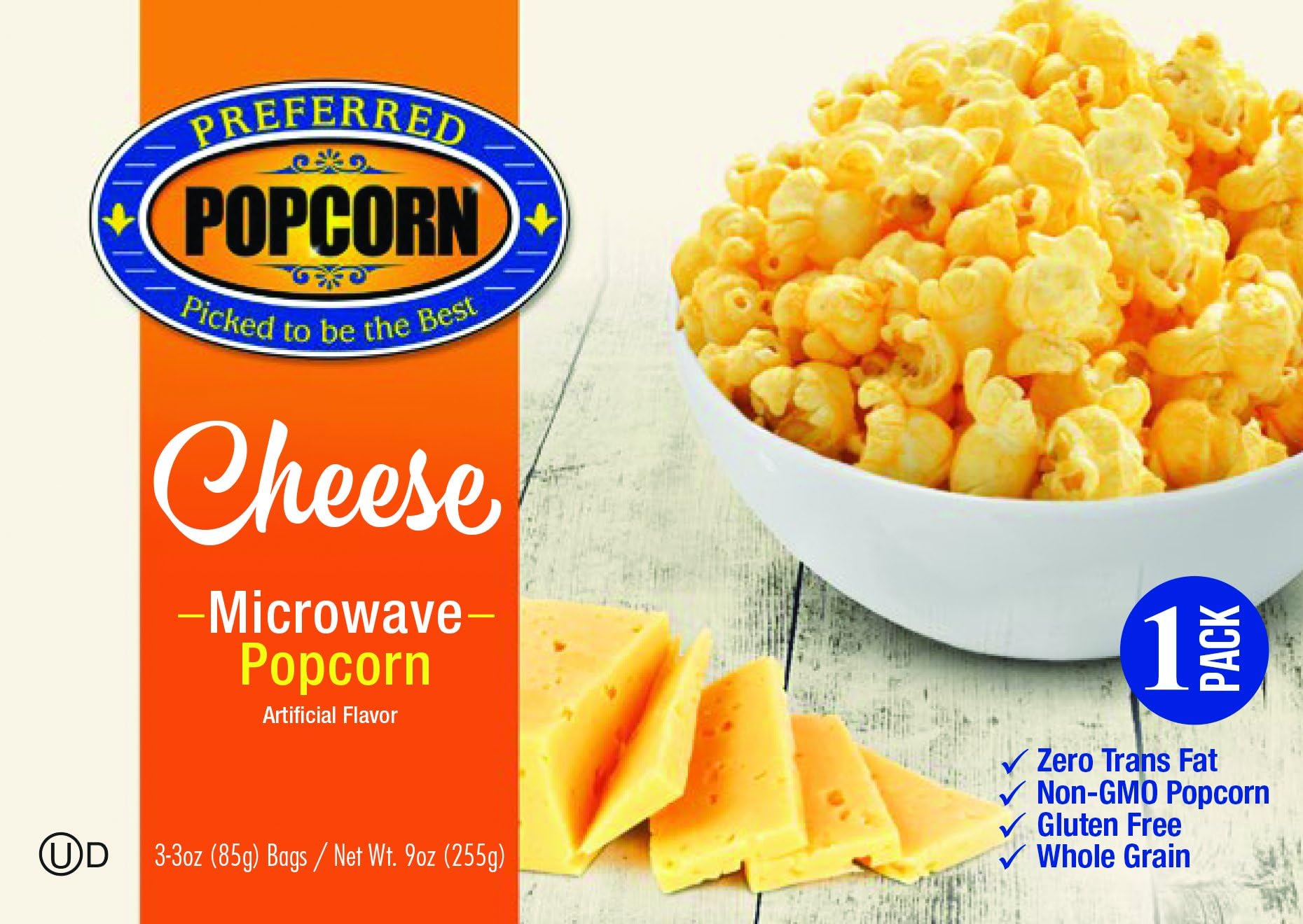 Microwave Cheese Popcorn - Preferred Popcorn - 100% Farmer Owned - Non GMO - Gluten Free - Whole Grain - One 3.0 oz Bag - Made in USA - Made in Nebraska - Real Cheese Flavor - Cheesy Snack