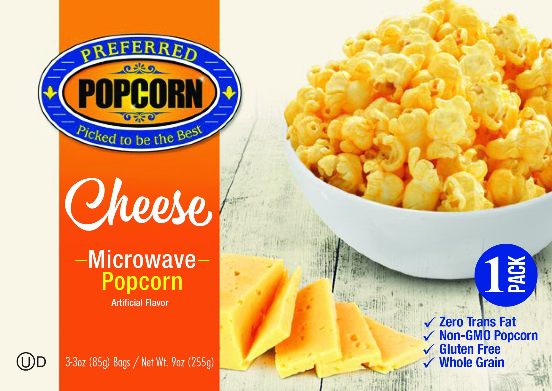 Microwave Cheese Popcorn - Preferred Popcorn - 100% Farmer Owned - Non GMO - Gluten Free - Whole Grain - One 3.0 oz Bag - Made in USA - Made in Nebraska - Real Cheese Flavor - Cheesy Snack