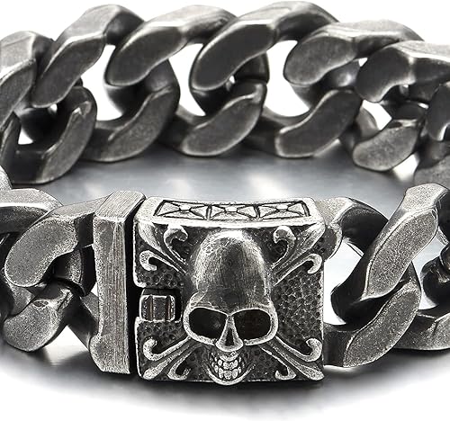 Miniatura 2 de COOLSTEELANDBEYOND Pulsera de cadena de acero cepillado vintage grande para hombre con flor de lis y calavera