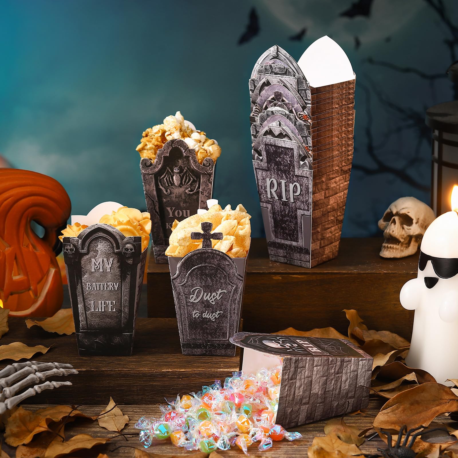 Weekgrat 90 cajas de palomitas de maíz de Halloween, espeluznantes bolsas de papel de lápida de Halloween, bolsas de palomitas de maíz, bolsas de palomitas de maíz de Halloween para dulces, galletas