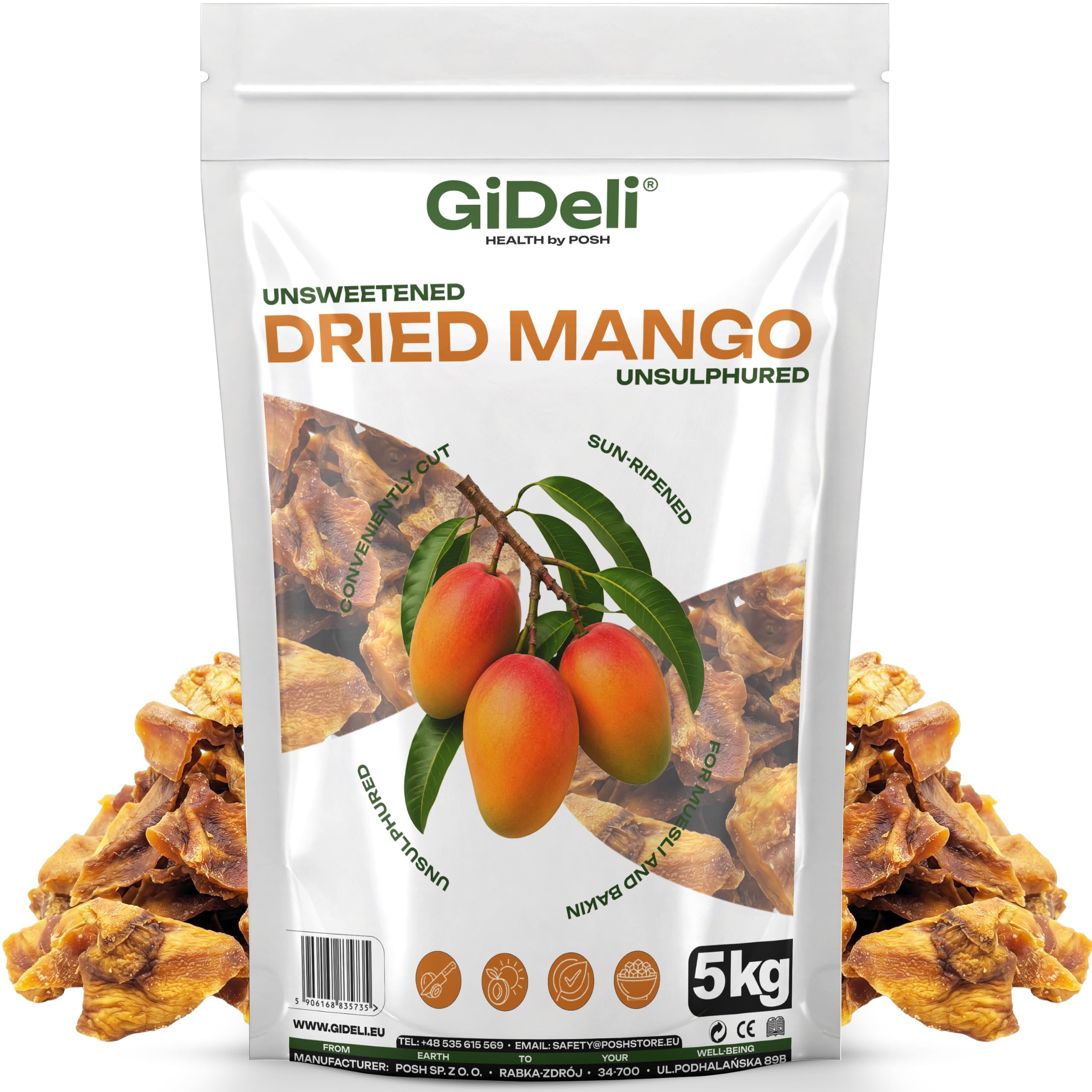 GiDeli Getrocknete Mango Ungesüßt Ungeschwefelt 5kg - Naturbelassene Trockenfrucht ohne Zuckerzusatz - Sonnengereifte Mangostreifen - Natürliche Ballaststoffquelle - Ideal für Müsli & Backen