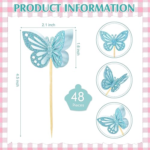 Miniatura 3 de 48 adornos de mariposa para cupcakes ensamblados de doble capa para cupcakes con purpurina 3D para cupcakes, decoraciones de cÃ³ctel de mariposa