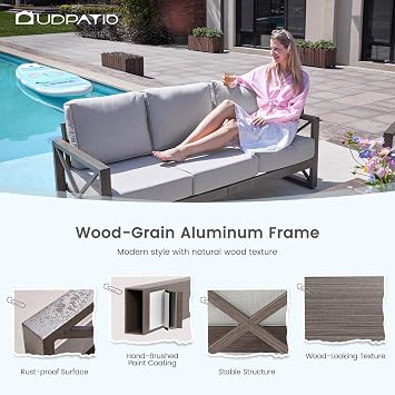UDPATIO Aluminum Outdoor Patio Furniture Set Faux Wood Grain 4 Pcs Beige | Faux Wood Grain Modern Outdoor Furniture, 6 Cushions Metal Patio Conversation Sofa for Poolside, Deck, Include Covers