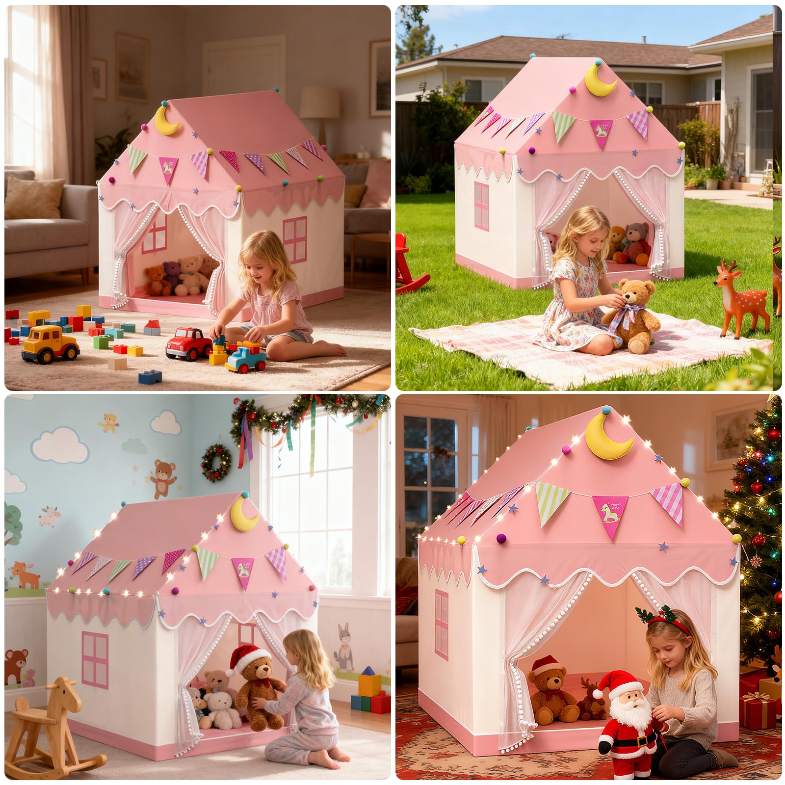 2 IN 1 Kinderzelt, Spielzelt für Kinder mit LED-Lichtern und Dekoration, Spielzelt für Drinnen,Kinderspielhaus in Form eines Hauses,Kinderzelt Spielhaus Kinder Indoor