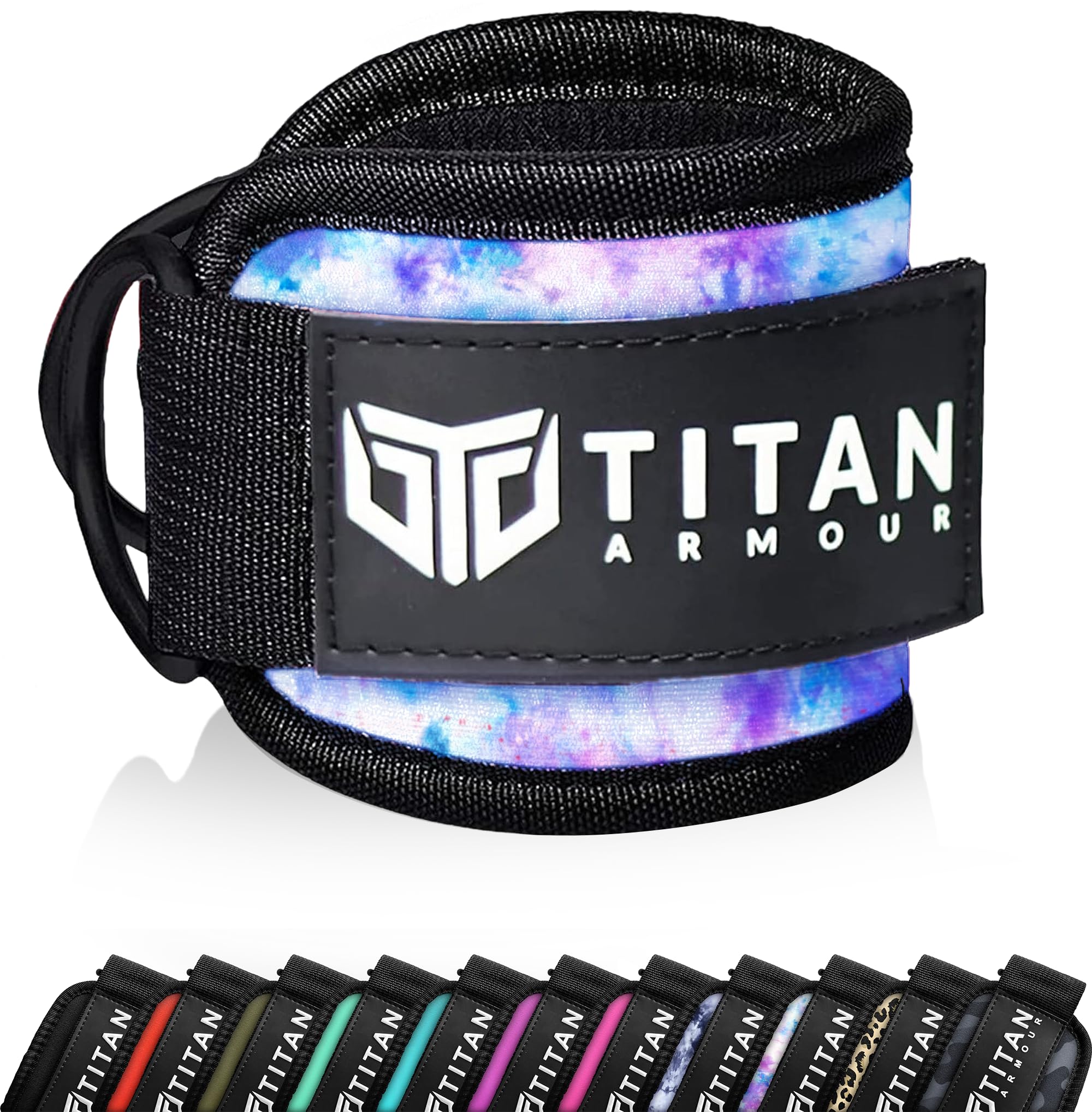 Titan Armour® Single Ankle Straps for Cable Machines | Gym Cuffs w/Heavy-Duty Steel Double D-Rings & Adjustable Strap | Lower Body Workouts Inc. Leg Curl & Glute Kickback (Multi Tie Dye)