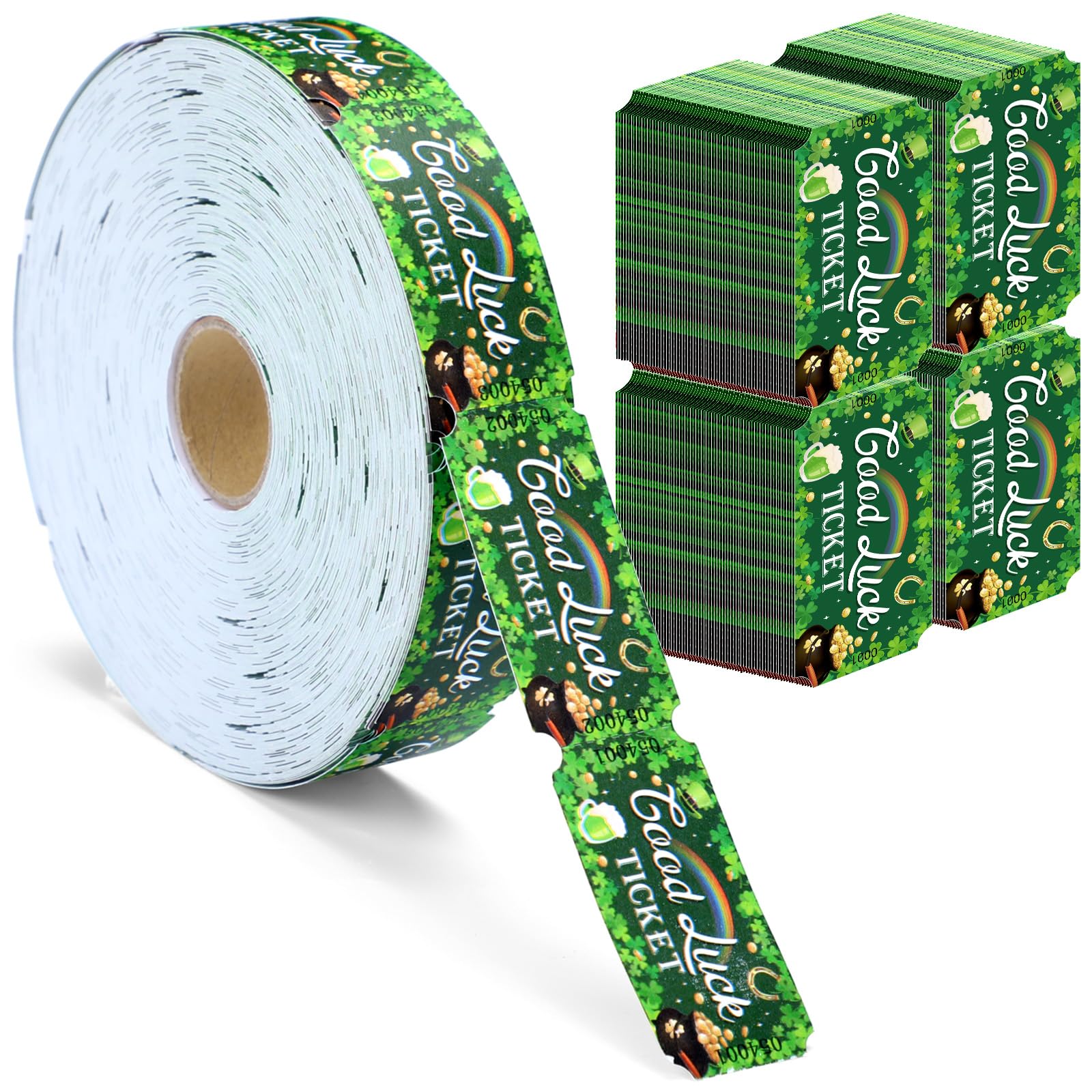Cholemy 1000 Pcs St. Patrick's Day Party Favors Shamrocks Raffle Tickets Roll Green Numbered Door Drinks Game Ticket for Irish Saint Patty's Day