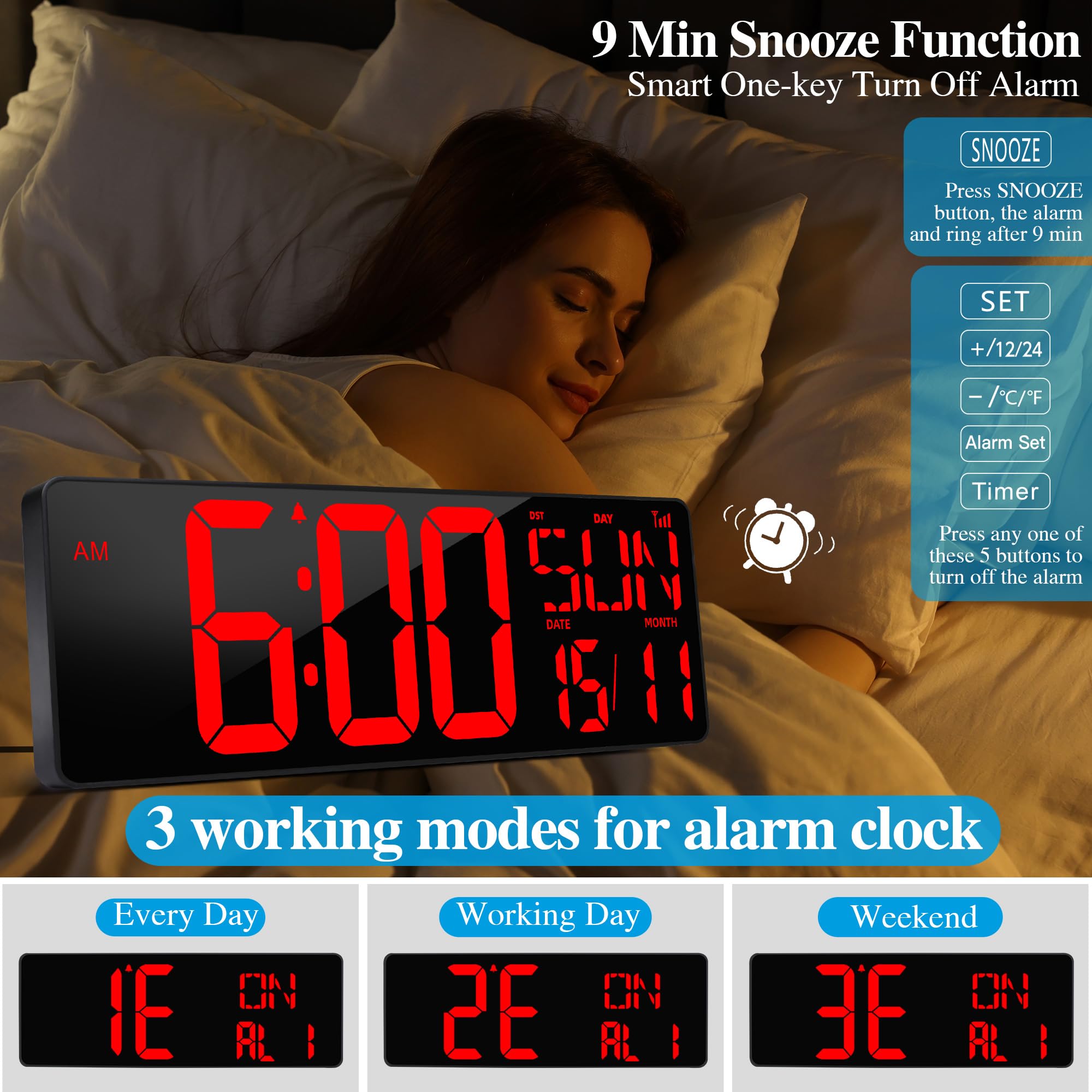 Large Digital Wall Clock with Remote Control 17.2" LED Large Display Timer with Temperature Date Week Auto DST Adjustable Brightness - Image 4