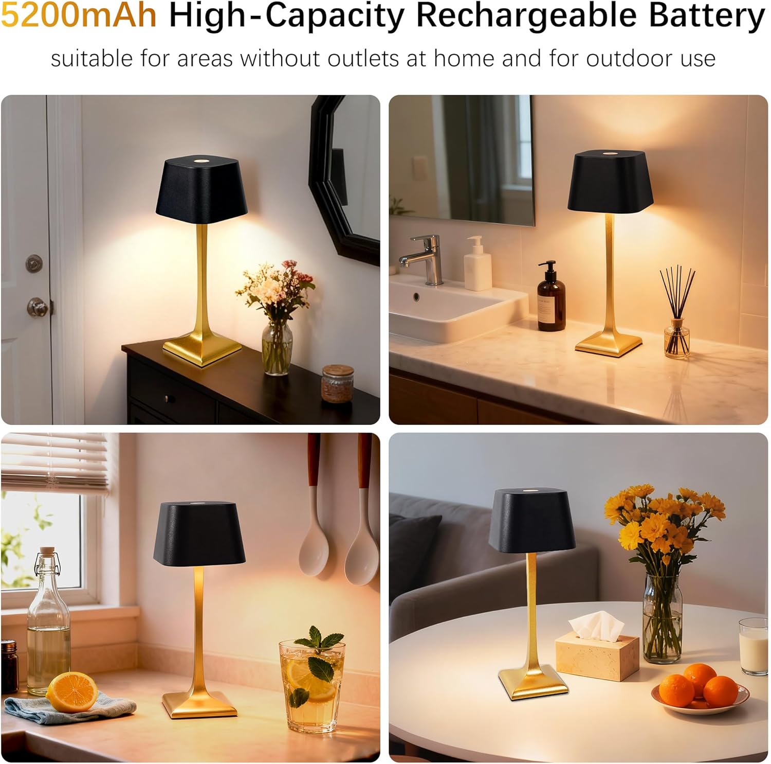 Outdoor Rechargeable Cordless Table Lamp - 5200mAh IP54 Waterproof Shower Lamp - 3 Color Dimmable LED Touch Lamp for Bathroom Patio Restaurant - Battery Operated Lamp for Bedroom Living Room H10.24in