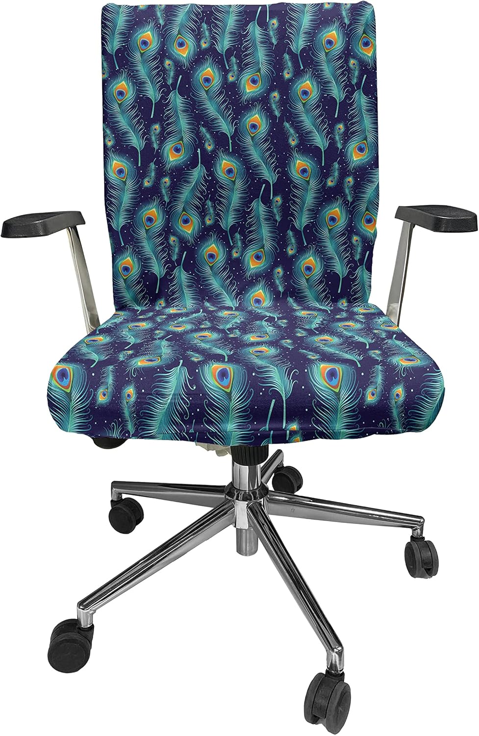 Ambesonne Peacock Office Chair Cover, Graphic Peacock Bird Feathers Background Designed Image, Stretchable Decorative Universal Size High Back Printed Slipcover, Night Blue