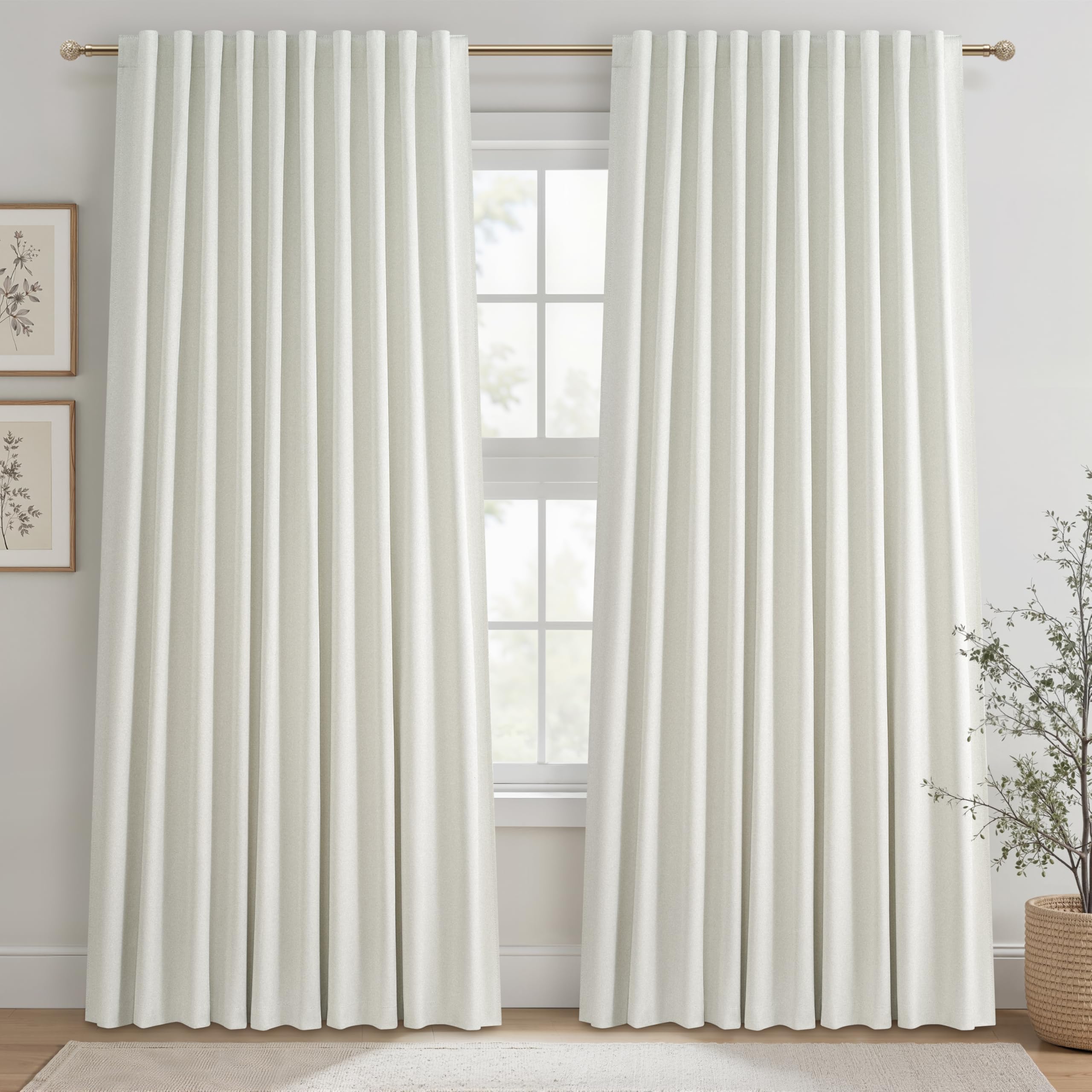 Cute Blackout Curtains 60 Inches Extra Wide Linen 92 Inch Length for Living Room/Sliding Glass Door,Pleated Heavy Duty Thermal Drapes for Winter Thick Large Window(60"Wx92"L 2 Panels Beige White) โ image 1