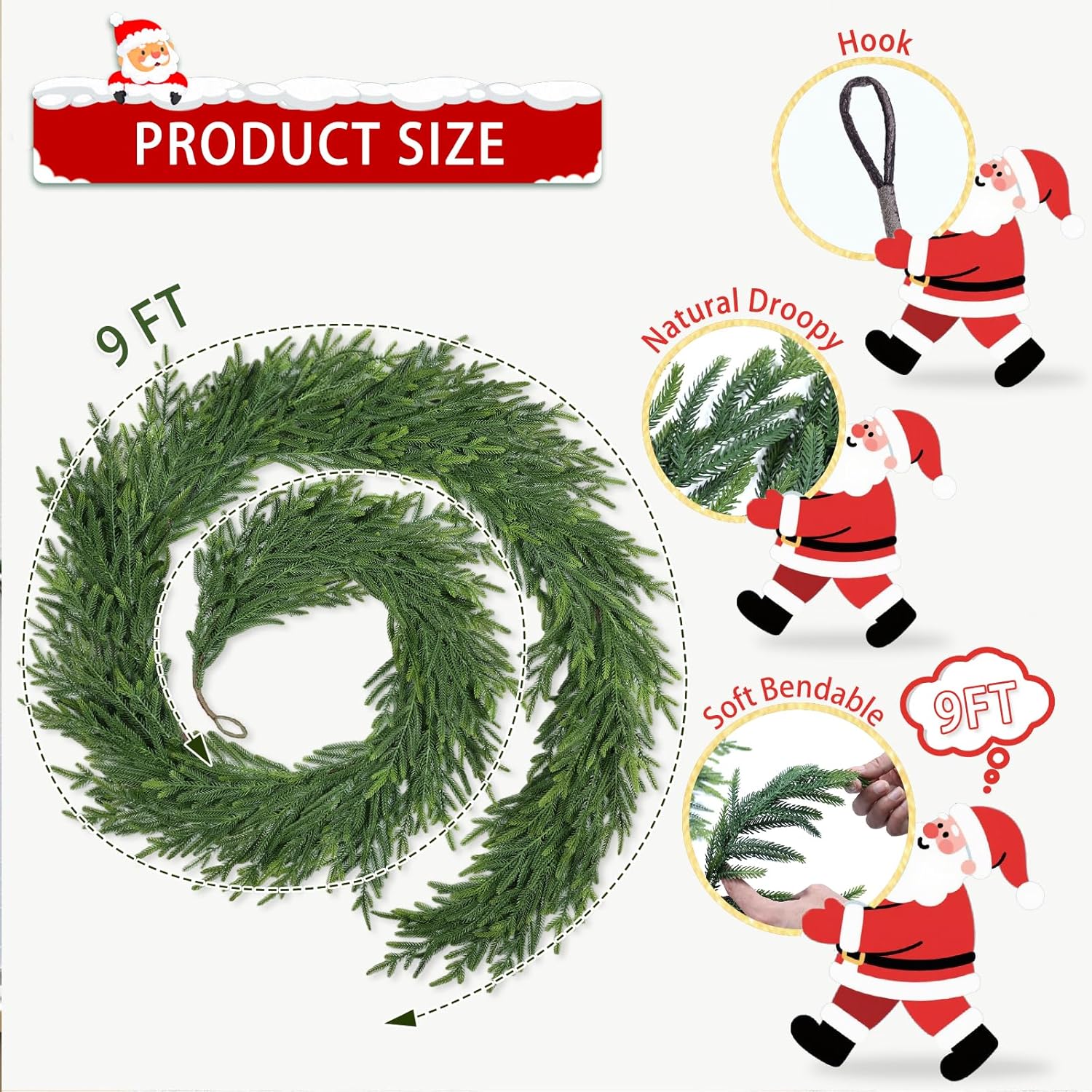 9Ft Christmas Garland for Staircase Railing Soft Bendable Real Touch Artificial Faux Evergreen Cedar Pine Mantle Garland for Fireplace Porch Table Home Yard Christmas Indoor Outdoor Decor(Real Pine)