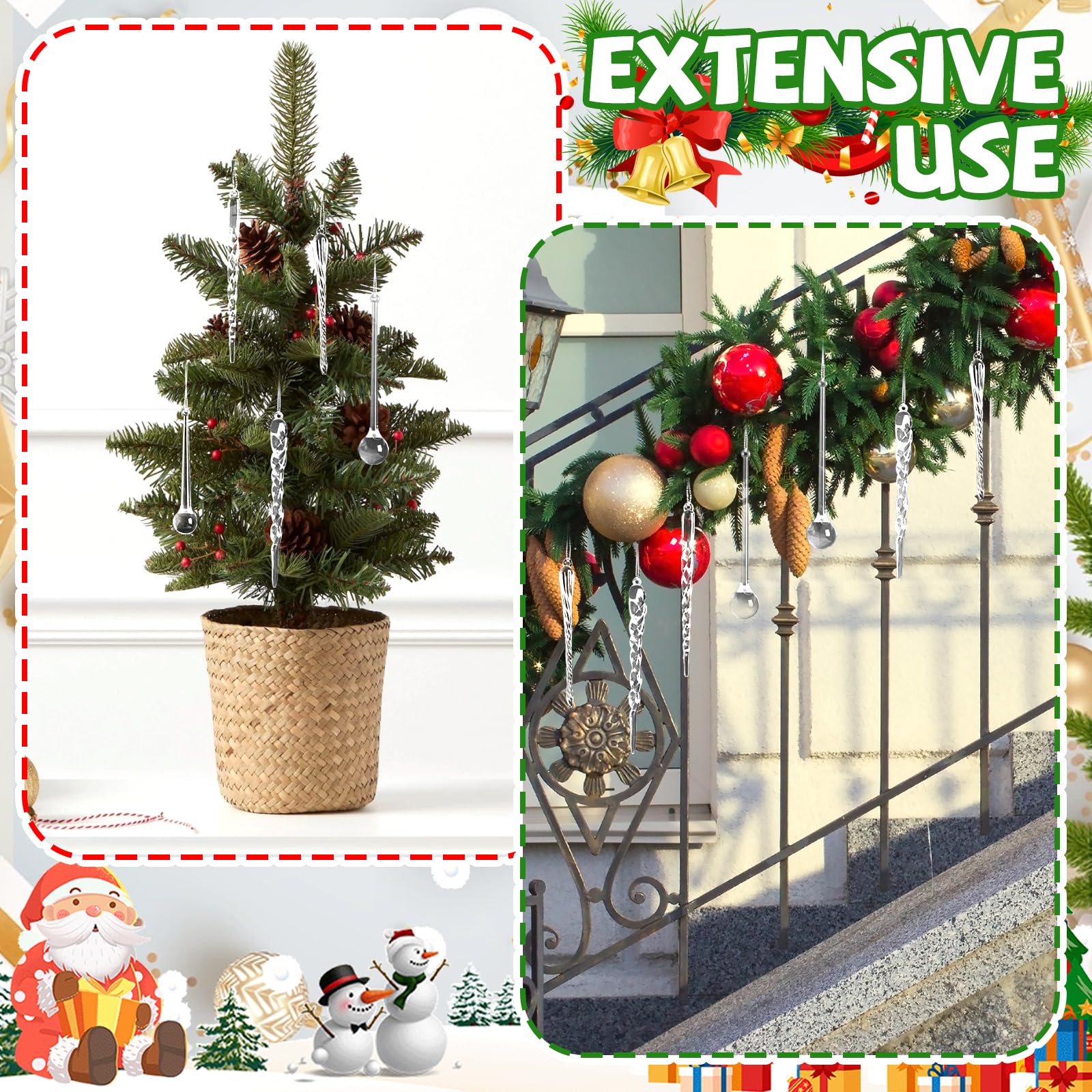 OuMuaMua 200 Stück Weihnachts-Eiszapfenornamente für Weihnachtsbaumschmuck, Wassertropfenform, Kristallanhänger, hängende Acryl-Ornamente, Weihnachts-Winter-Wunderland-Party-Dekorationen