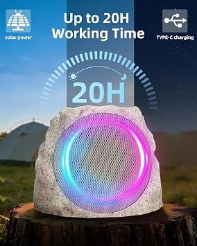Outdoor Speakers With Lights Show Bluetooth Speakers Waterproof Patio TWS Connection Outdoor Bluetooth Speakers Wireless Solar Powered and Rechargeable Rock Speakers for Patio Pool 2Packs(Stone)
