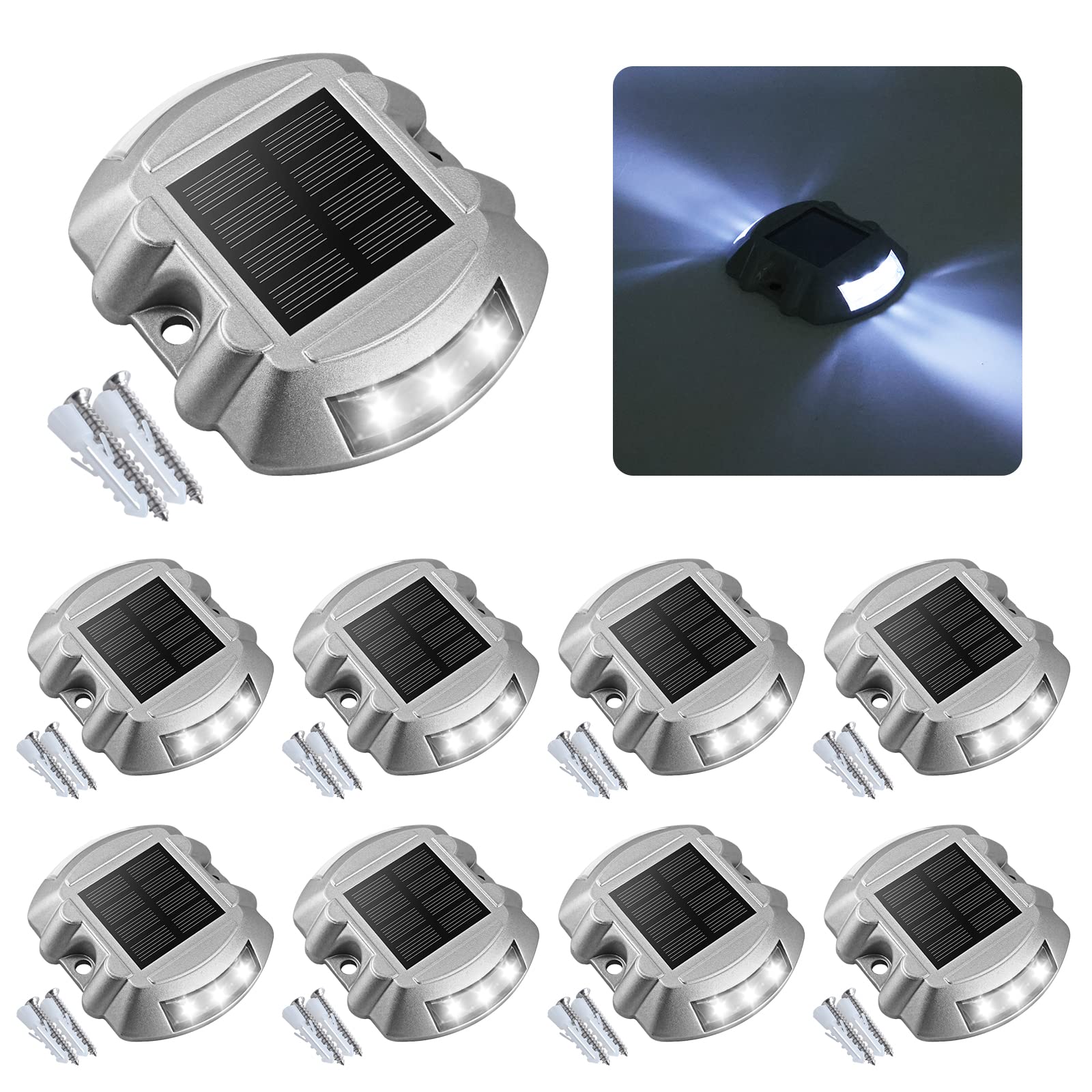 TYHBRV Solar Deck Lights Driveway Dock Lights, 12-Pack Led IP68 Waterproof Outdoor Warning Step Lights for Driveway Sidewalk Garden Pathway Yard(White, Auto On/Off(White,8 Pack)
