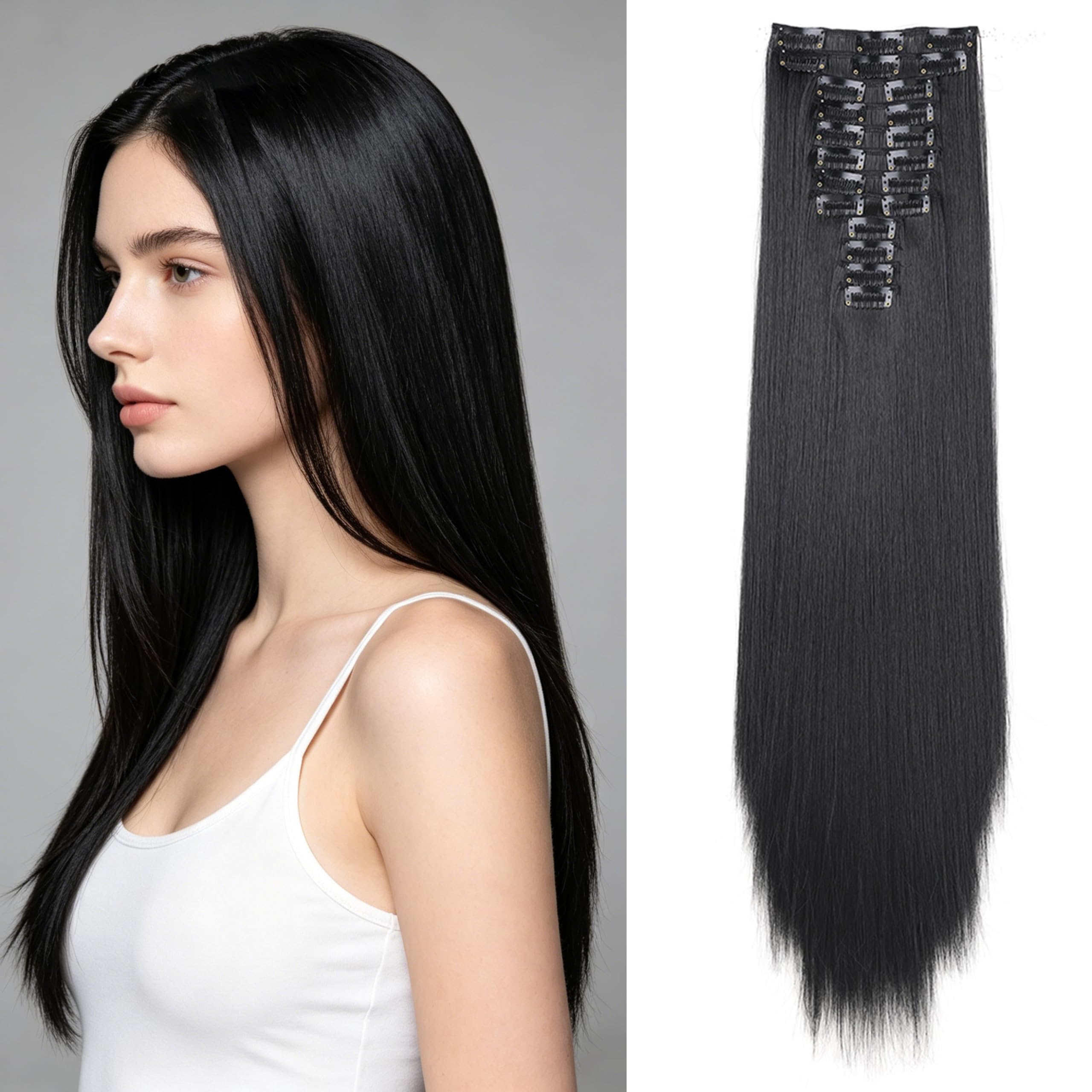 Lot de 12 Extensions de Cheveux Lisses à Clip 22 Pouces, Postiche Synthétique Aspect Naturel pour Femmes, Cheveux Légers et Doux pour Usage Quotidien & Fêtes (Noir)