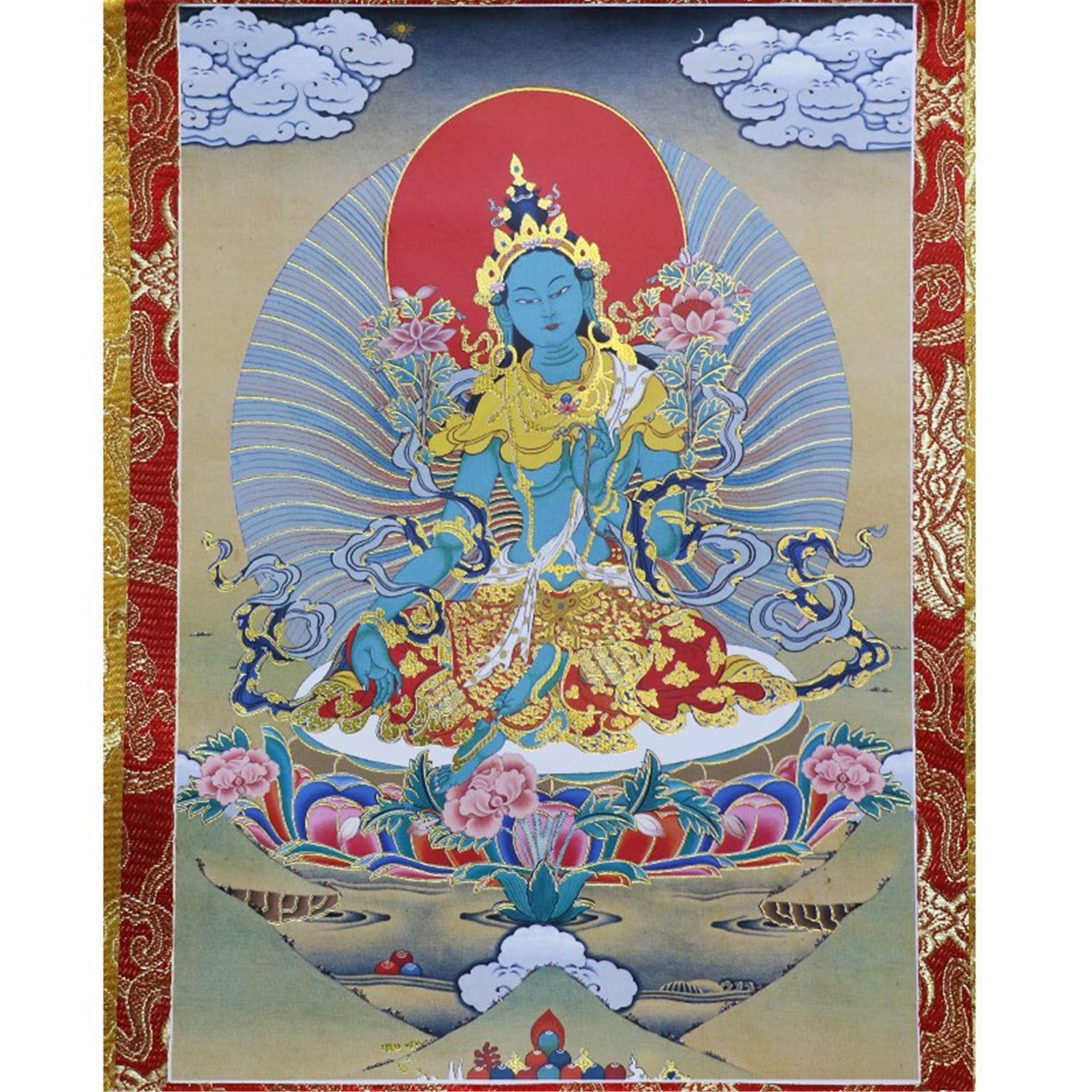 Gandhanra Thangka Tibetische Wandbehang,Grüne Tara Thangka,Heißgeprägter Buddha Wandteppich für Zen Wohnkultur, Meditation, Spirituelle Entspannung und Ruhe