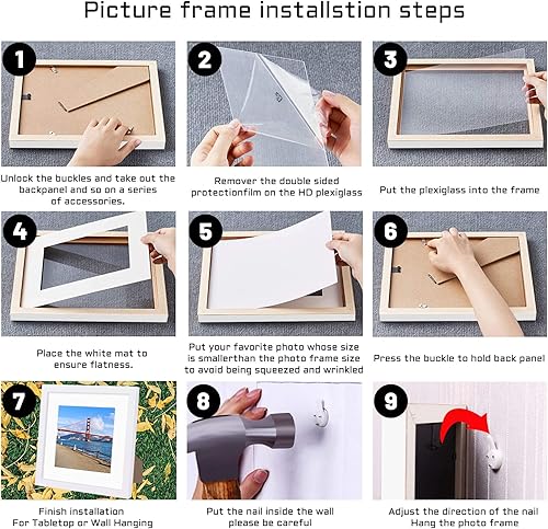Vista 112 de Marco de fotos de madera de 9 x 9 pulgadas para colgar en la pared o en la mesa, marcos de fotos cuadrados con 1 paspartú de 7 x 7 pulgadas