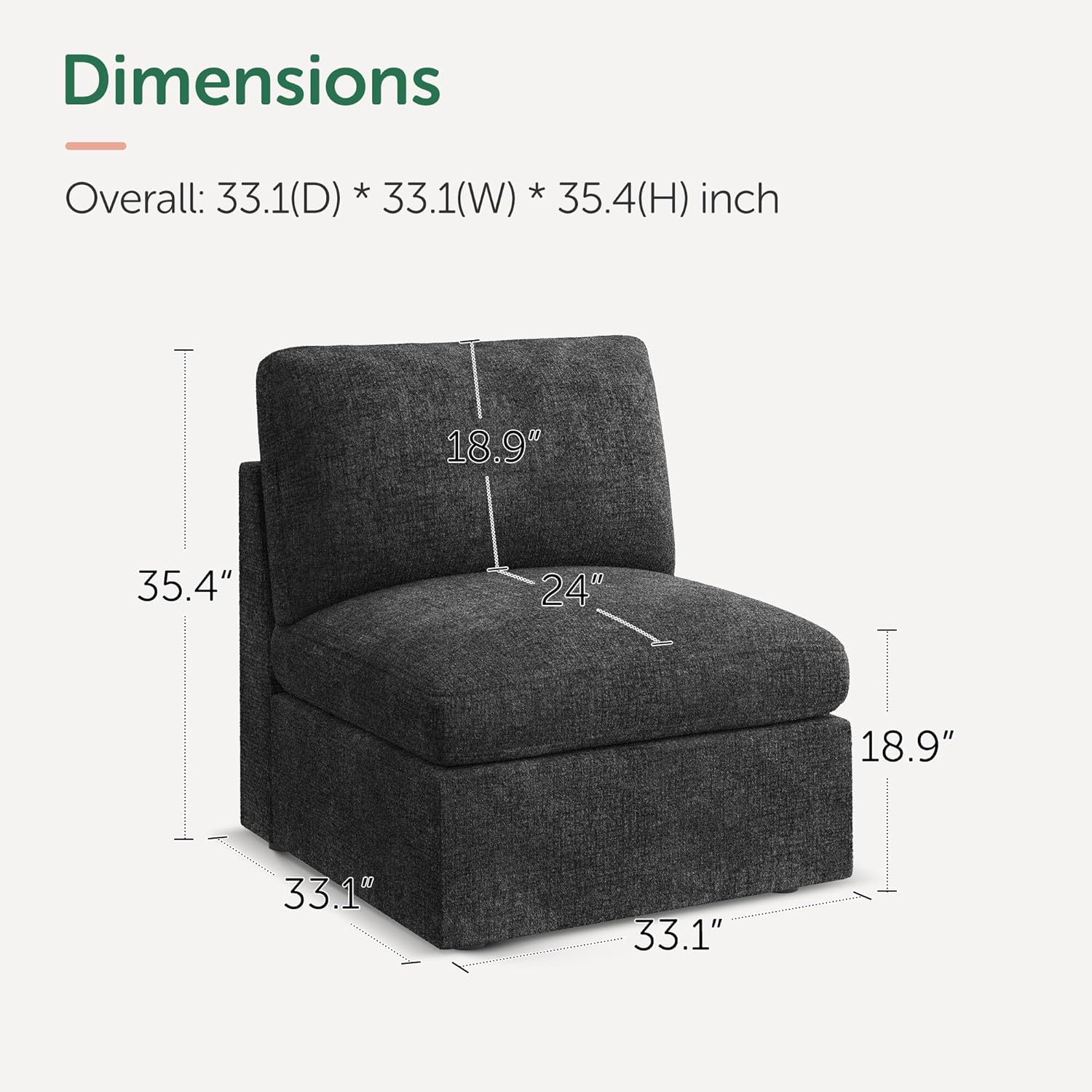 HONBAY Chenille Fabric Middle Module for Modular Sectional Sofa, Armless Accent Chair with Storage Seat, Grey