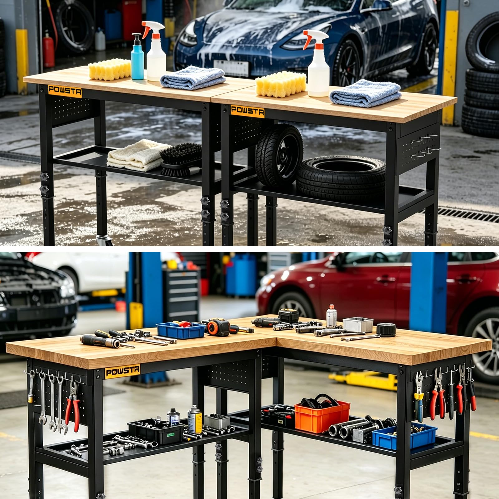 120cm Höhenverstellbare mobile Werkbank aus Gummibaumholz, 900 kg Tragfähigkeit, zweistufig mit schwenkbaren Rollen, Lochwand und 6 Haken, als Arbeitstisch für Garage, Werkstatt, Büro, Haus & Gewerbe
