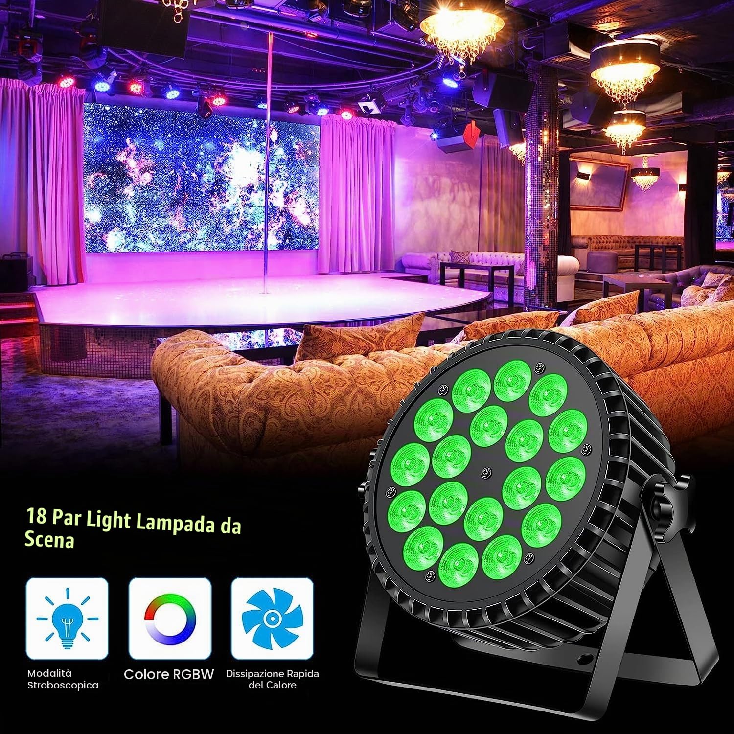 4PCS Ukfog 200W 18LED Par Faro Par LED Luce RGBW+8CH Luci per Feste Stroboscopica Modalità Attiva LED Faretto da Palcoscenico Luce da Discoteca per Matrimoni Feste Chiese Club Spettacolo DJ Live