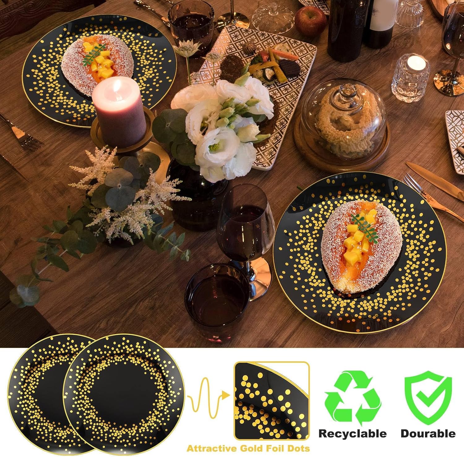 Hsei 100 Pcs Black and Gold Plastic Plates Bulk Halloween Disposable Gold Dot Dinner Round Dessert Plate for Dinner Wedding Birthday Christmas Thanksgiving Party(7.5 Inch)