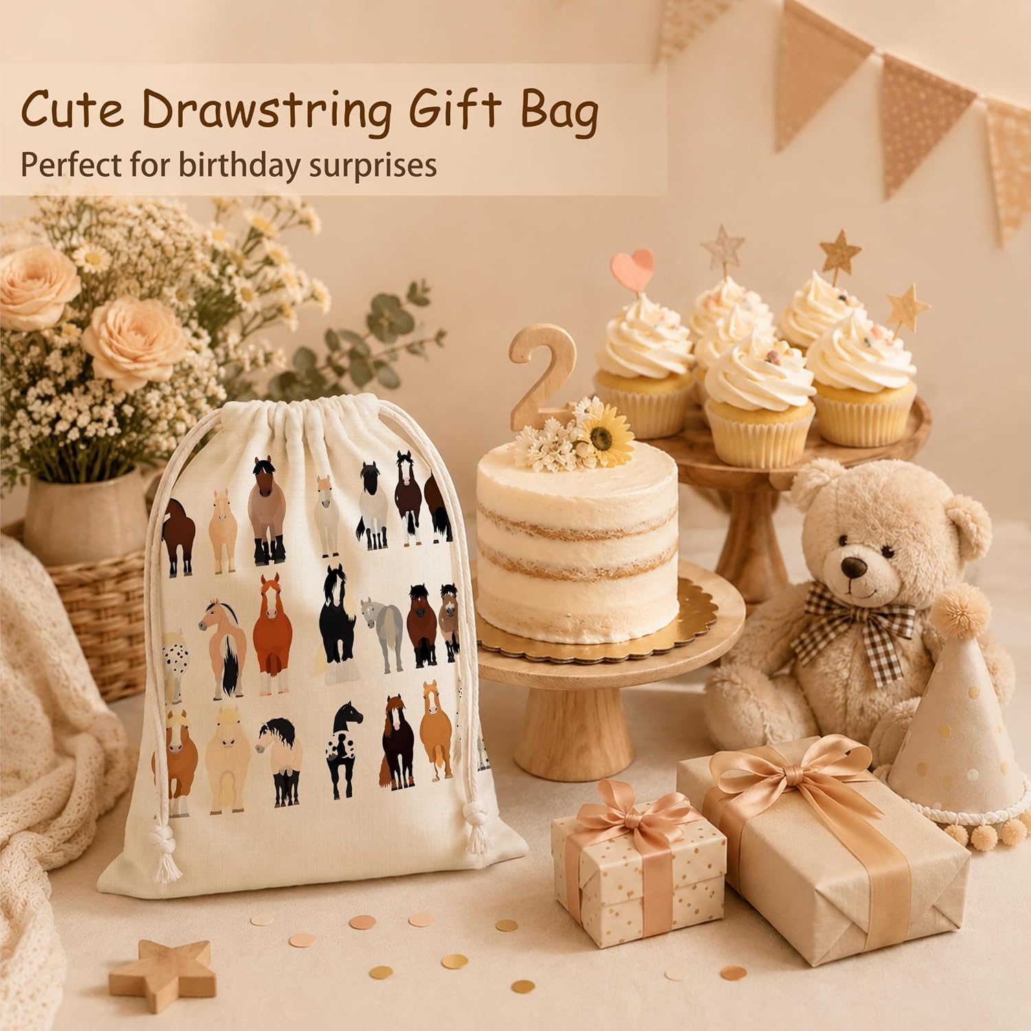 Funny Horse Canvas Drawstring Gift Bag 15.7x19.7 Inch image 4