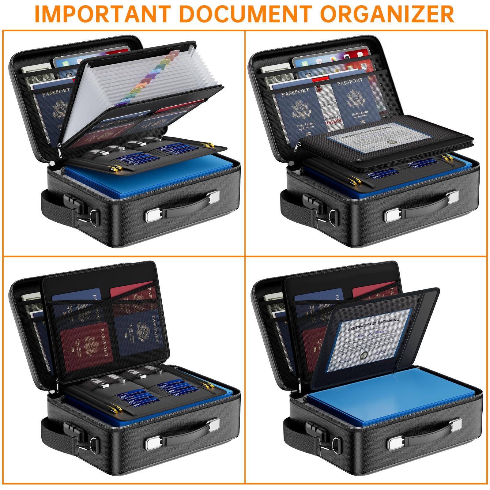 DocSafe Scatola portadocumenti ignifuga con serratura e tracolla, custodia rigida organizer con cartella a fisarmonica, multi-strato, portatile, per casa, ufficio, viaggi, archiviazione sicura per