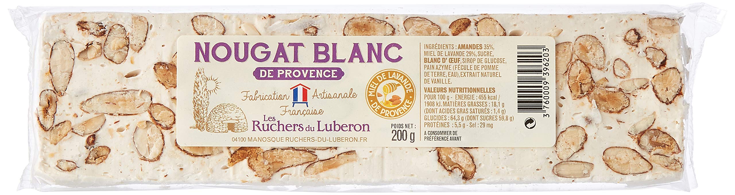 Les Ruchers du Luberon - Nougat Blanc de Provence en Barre 200 g - Nougat Tendre aux Amandes et au Miel de Lavande - Fabrication Artisanale