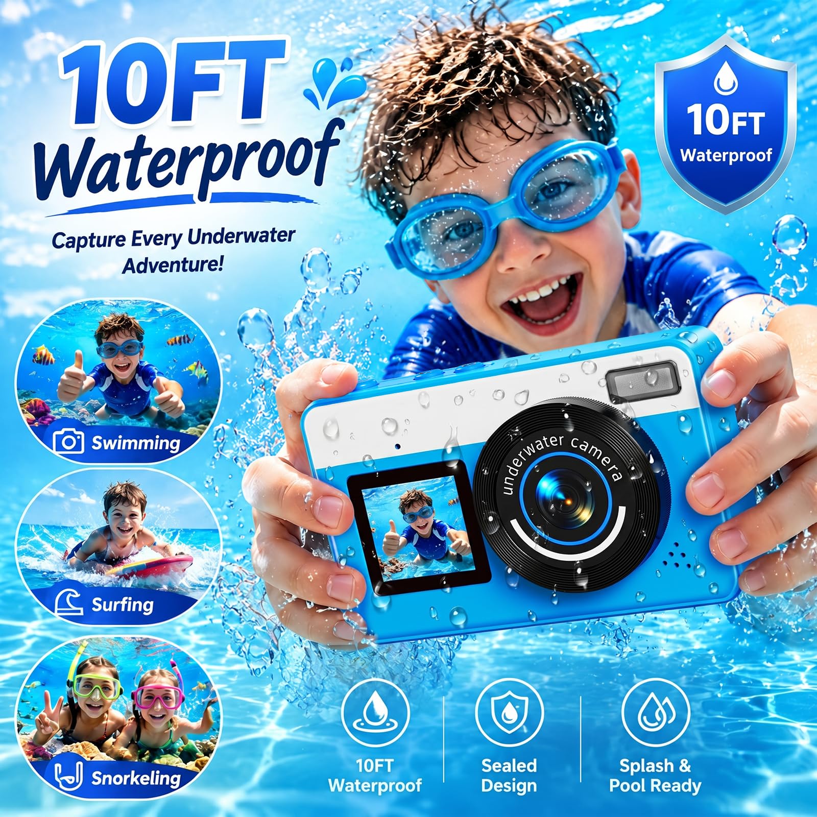 Maxmango D70 Fotocamera Subacquea 4K 48MP, Macchina Fotocamera Impermeabile 10FT per Piscina Spiaggia, Doppio Schermo Autofocus Zoom 18X, Macchina Fotografica Regalo per Ragazzi e Adulti, 16GB, Blu