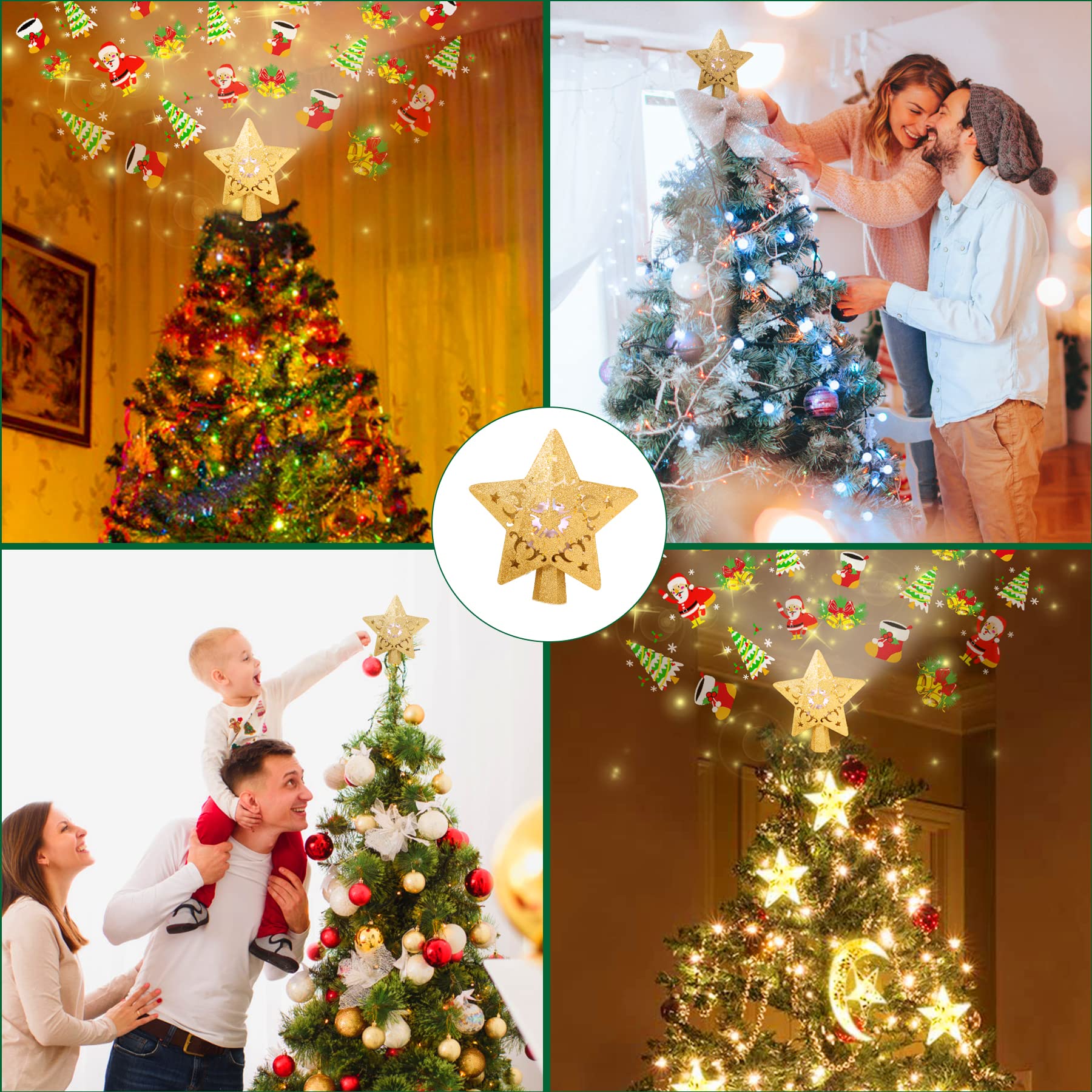 Stern Weihnachtsbaumspitze Christbaumspitze Beleuchtet mit Eingebautem Rotierendem LED-Projektor Tannenbaumspitze 23CM Glitzer Stern Spitze Baumspitze Christbaumkrone für Weihnachtsbaumschmuck