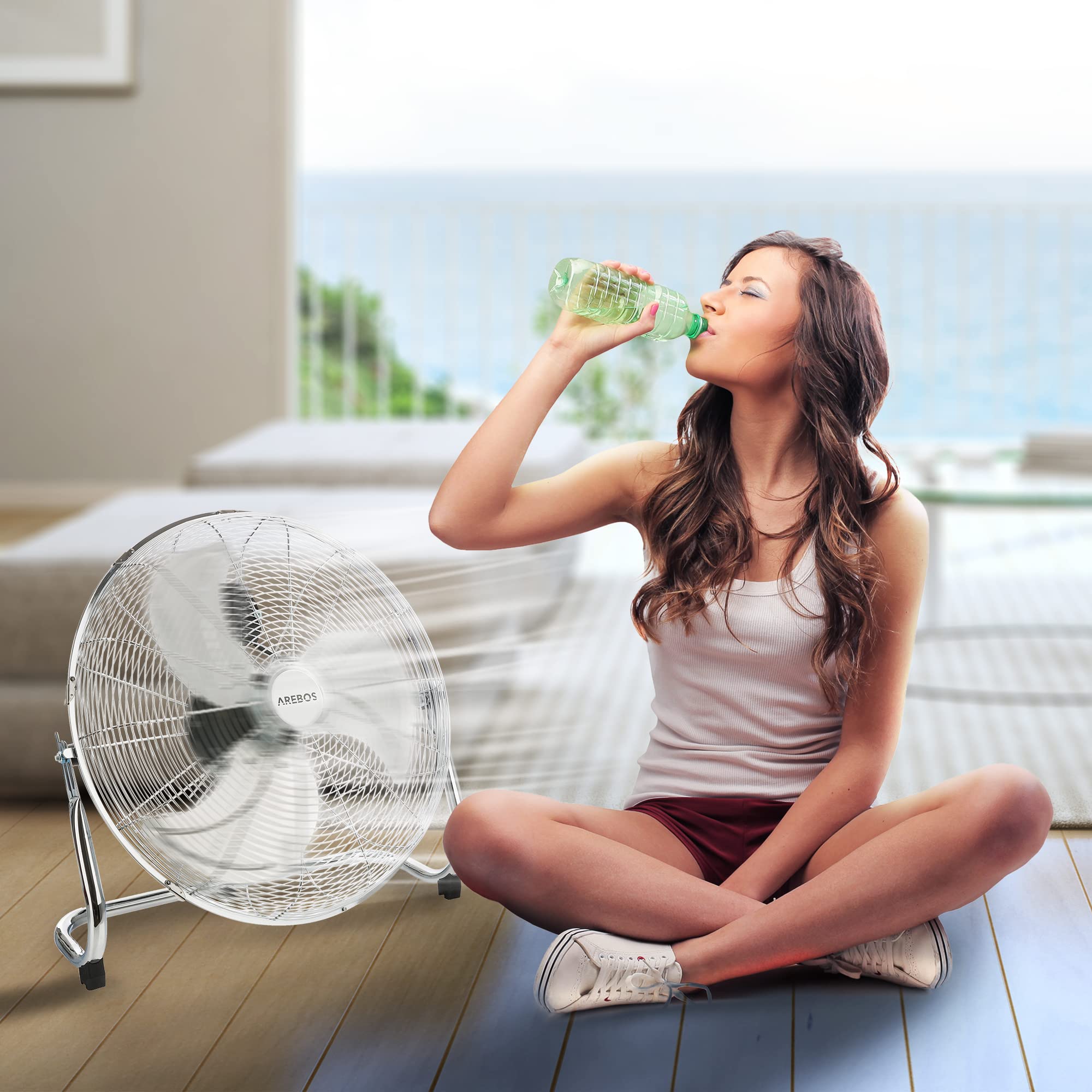 AREBOS Ventilateur de sol | 46cm | 120 W |18 pouces | 3 niveaux de vitesse | angle d'inclinaison réglable | Argenté