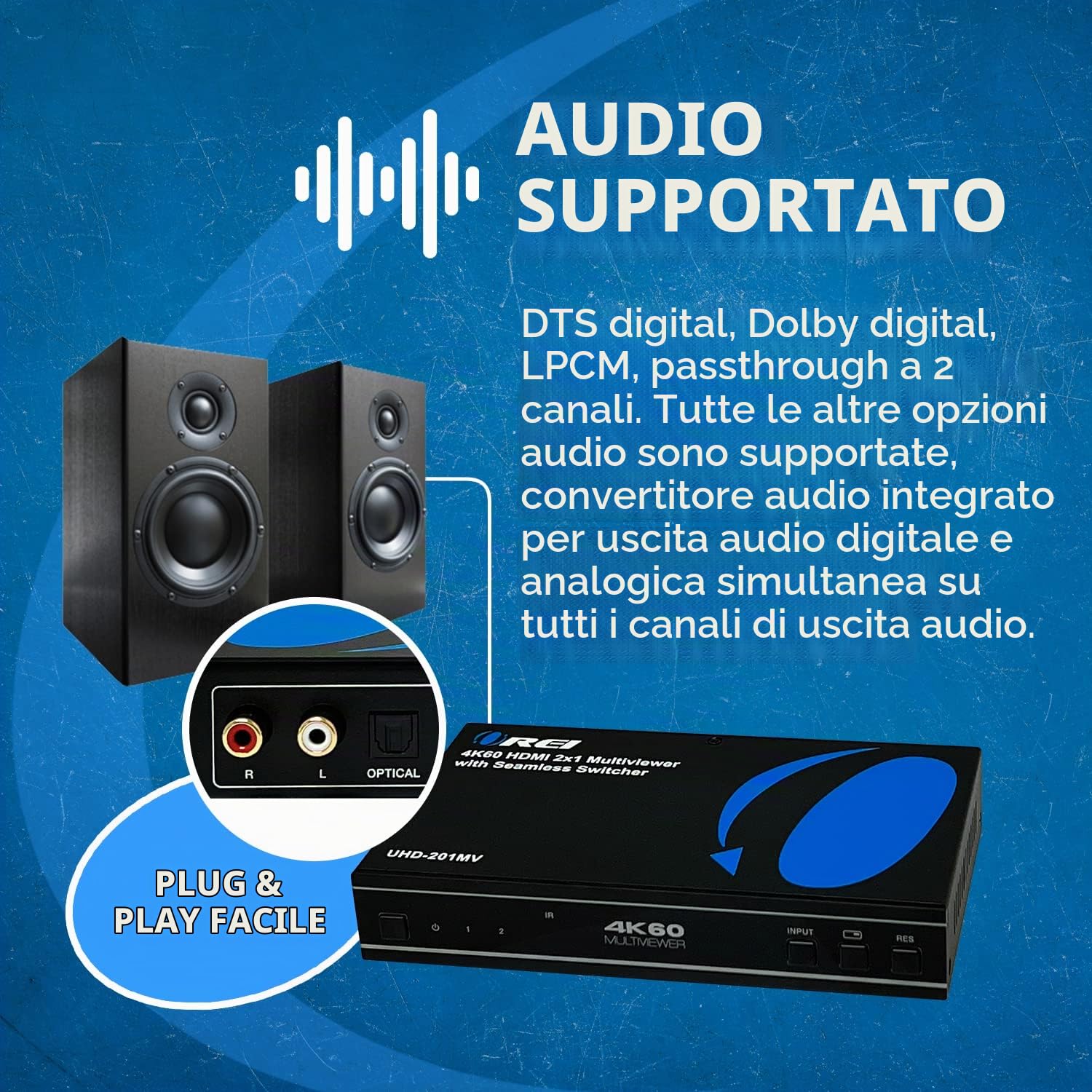 OREI 4K HDMI Multi Viewer 2 in 1 Out Switcher 2 porte Seamless IR Remote Support 4K @ 60Hz 1080P per PS4/PC/DVD/telecamera di sicurezza Interruttore HDMI Uscita audio ottica L/R - (UHD-201MV)