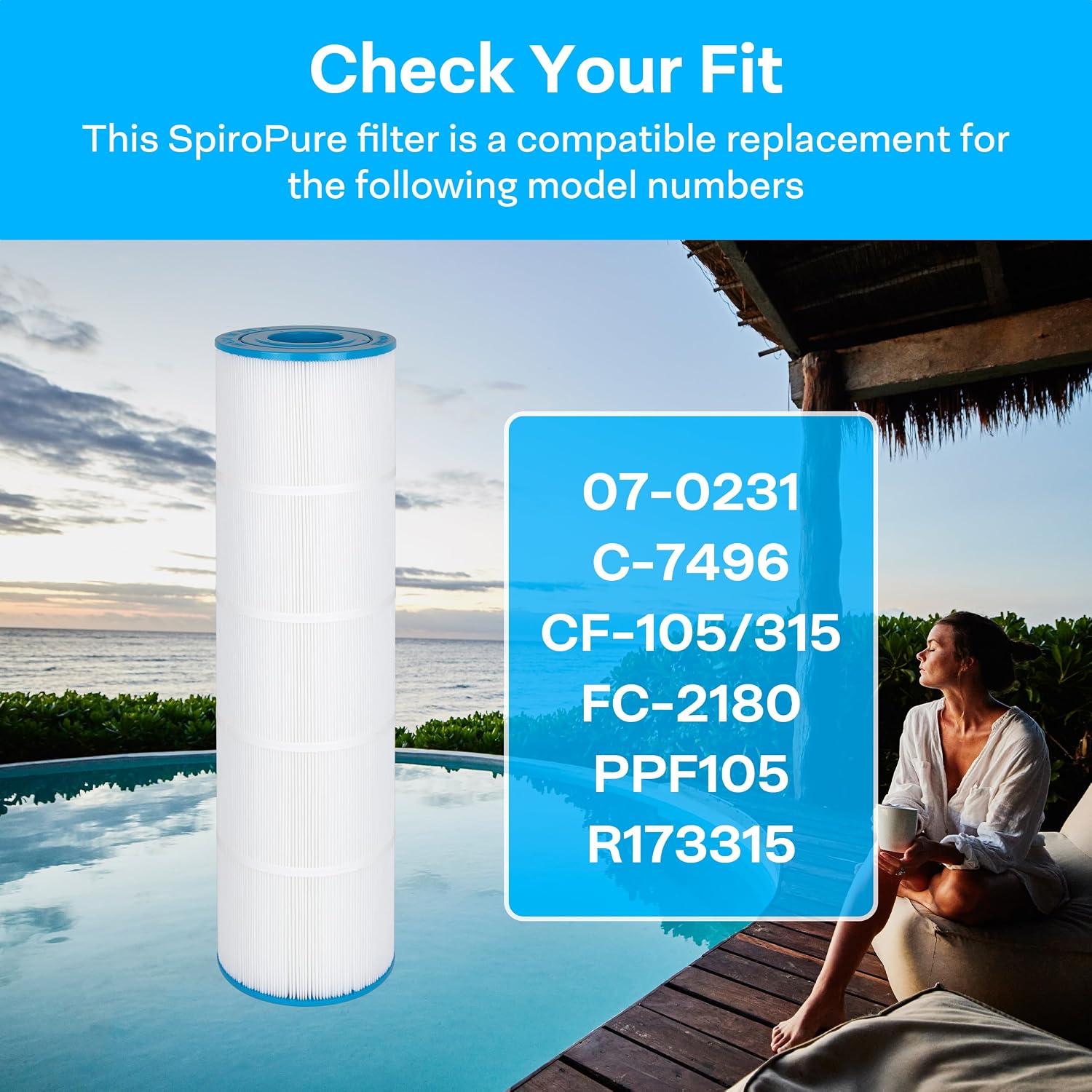 SpiroPure Replacement for Pleatco PPF105 Unicel C-7496 Pentair Purex CF-105 CF-315 R173315 07-0231 Filbur FC-2180 Hot Tub Spa Pool Cartridge