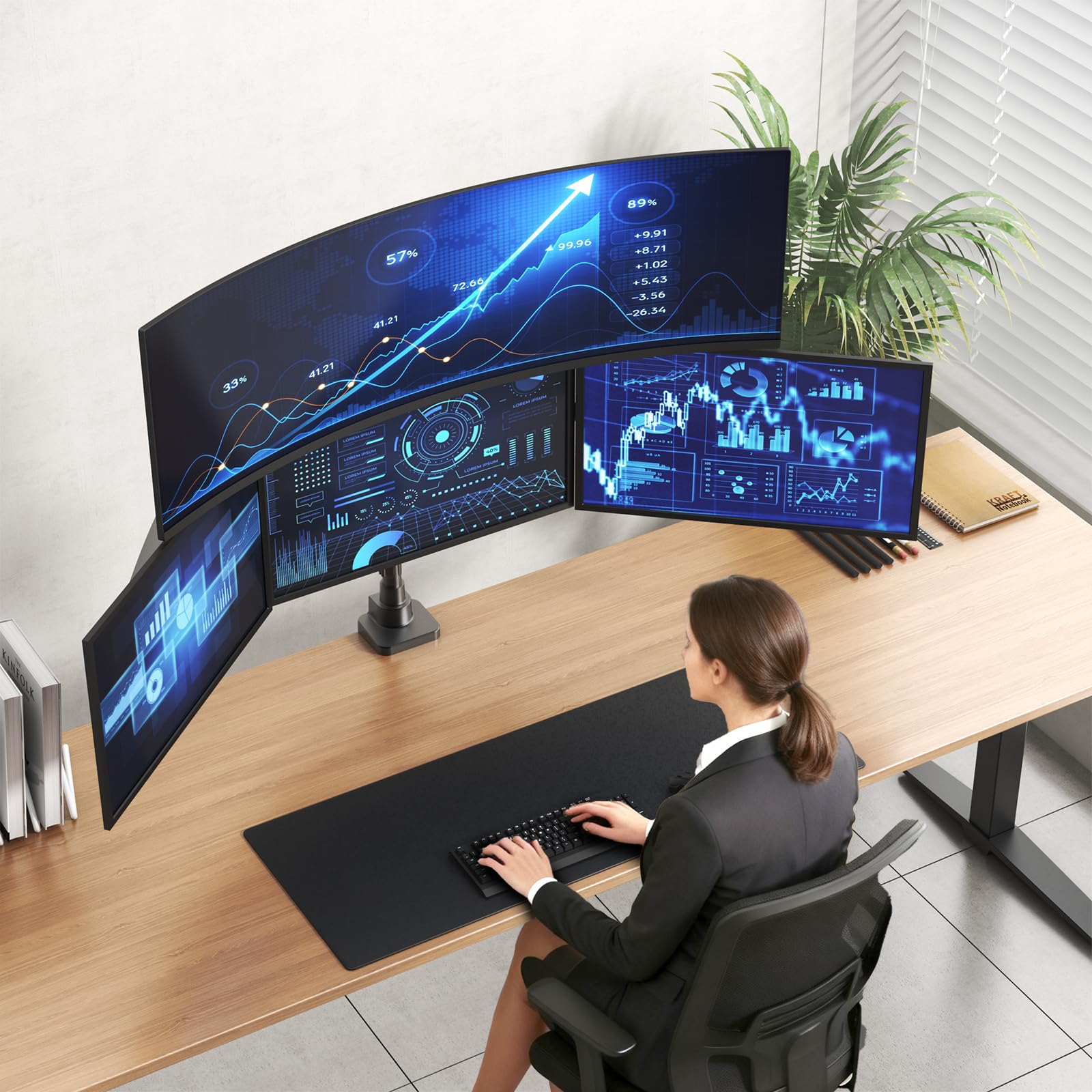 Supporto per monitor 4 monitor, max. fino a 1x49'‘ e 3x27’' Schermi piatti e curvi, supporto da tavolo con asta da 80 cm, supporto per monitor impilabile regolabile, VESA 75/100