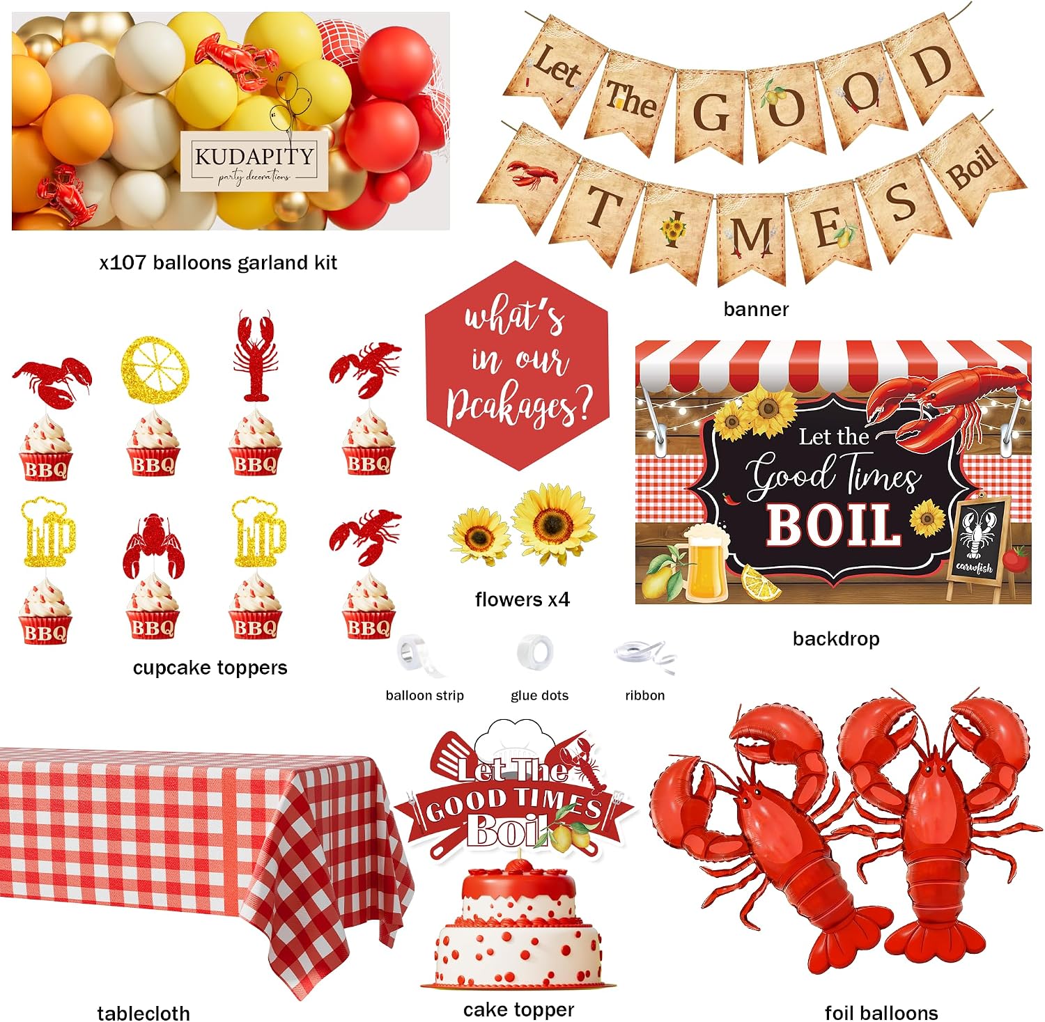 Crawfish Boil Party Decorations, Lobster Crab Seafood Boil Theme Party Supplie Kit, Summer BBQ Picnic Crawfish Let the Good Times Boil Backdrop Balloon Garland for Crawfish Shrimp Boil Party Decor Kit
