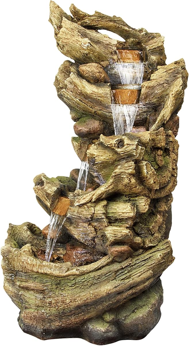 Alpine Corporation TZL132 Outdoor Floor 5-Tier Log Fountain with LED Lights, Cascading Tree Trunk Fountain 47", Brown
