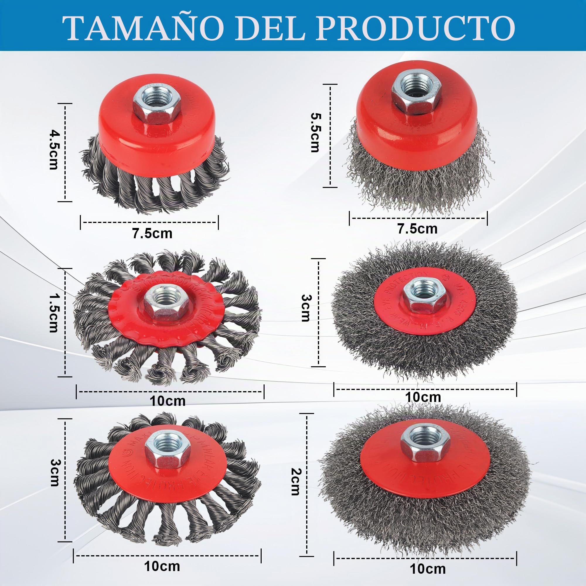 6 Piezas Cepillo de Alambre para Amoladora Angular M14, Cepillo de Alambre para Amoladora Angular M14 Diámetro de 75 mm y 100 mm, para el Lijado de Metales Eliminación de Óxido y Pintura, Rojo