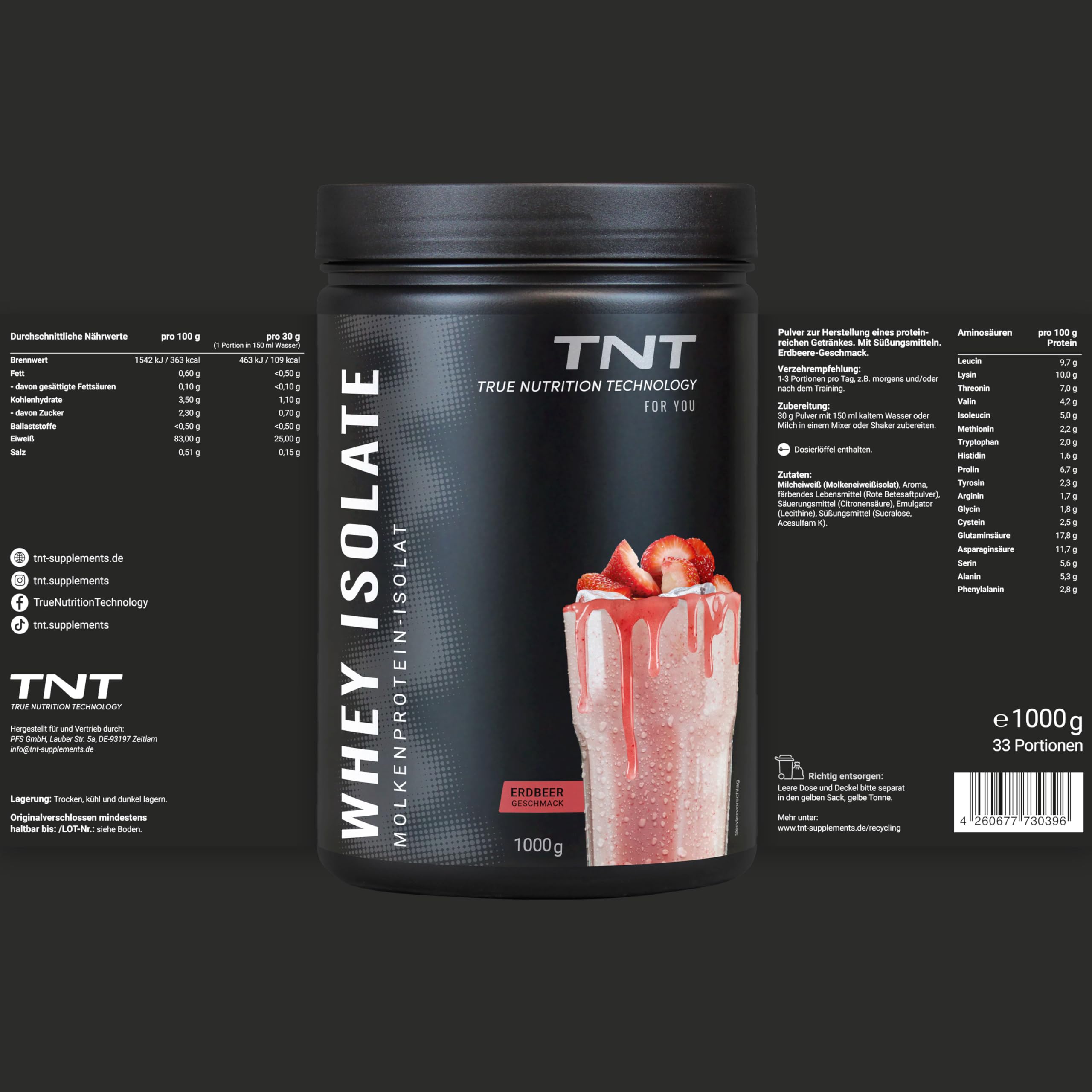 TNT Whey Protein Isolate (1kg) • Eiweiß Pulver für High Protein Shake • Molkenprotein-Isolat • Tolle Löslichkeit & leckerer Geschmack (Erdbeere)