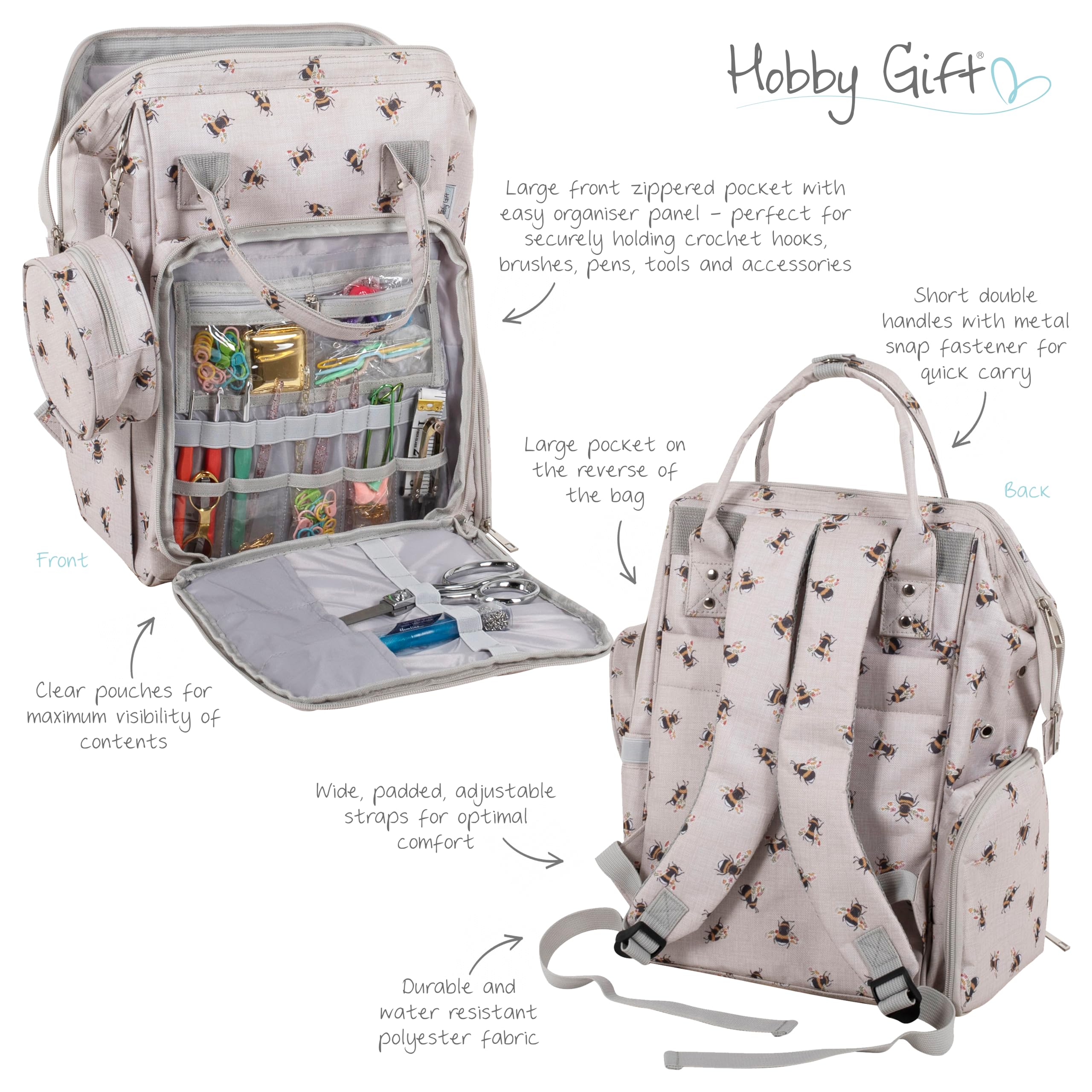 Hobby Gift Plecak Crafters Bee - wytrzymały, wodoodporny plecak do przechowywania włóczki z wieloma przegrodami, panelem organizacyjnym i wzmocnionymi otworami na włóczkę Wygodne, 28x24x43cm