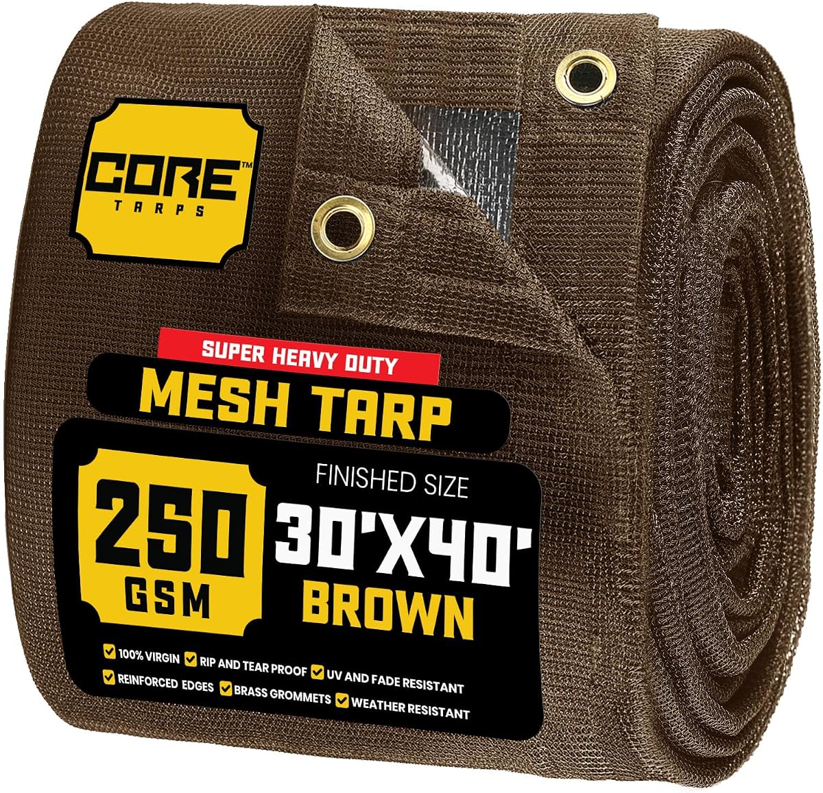 Core Tarps 60% tela de sombra marrón con ojales – Lona de malla resistente de 30 x 40 pies – Tela de sombra para jardín, verduras, plantas, invernaderos, exteriores, patio trasero, vallas, camiones volquete, lona de malla para sombra