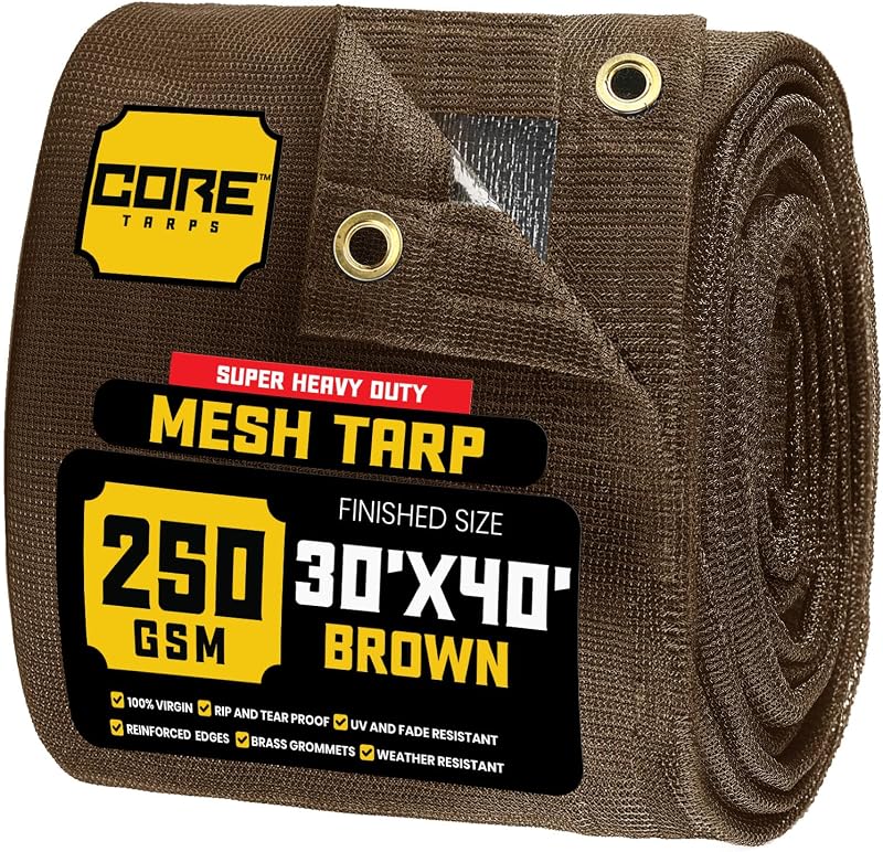 Core Tarps 60% tela de sombra marrón con ojales – Lona de malla resistente de 30 x 40 pies – Tela de sombra para jardín, verduras, plantas, invernaderos, exteriores, patio trasero, vallas, camiones volquete, lona de malla para sombra