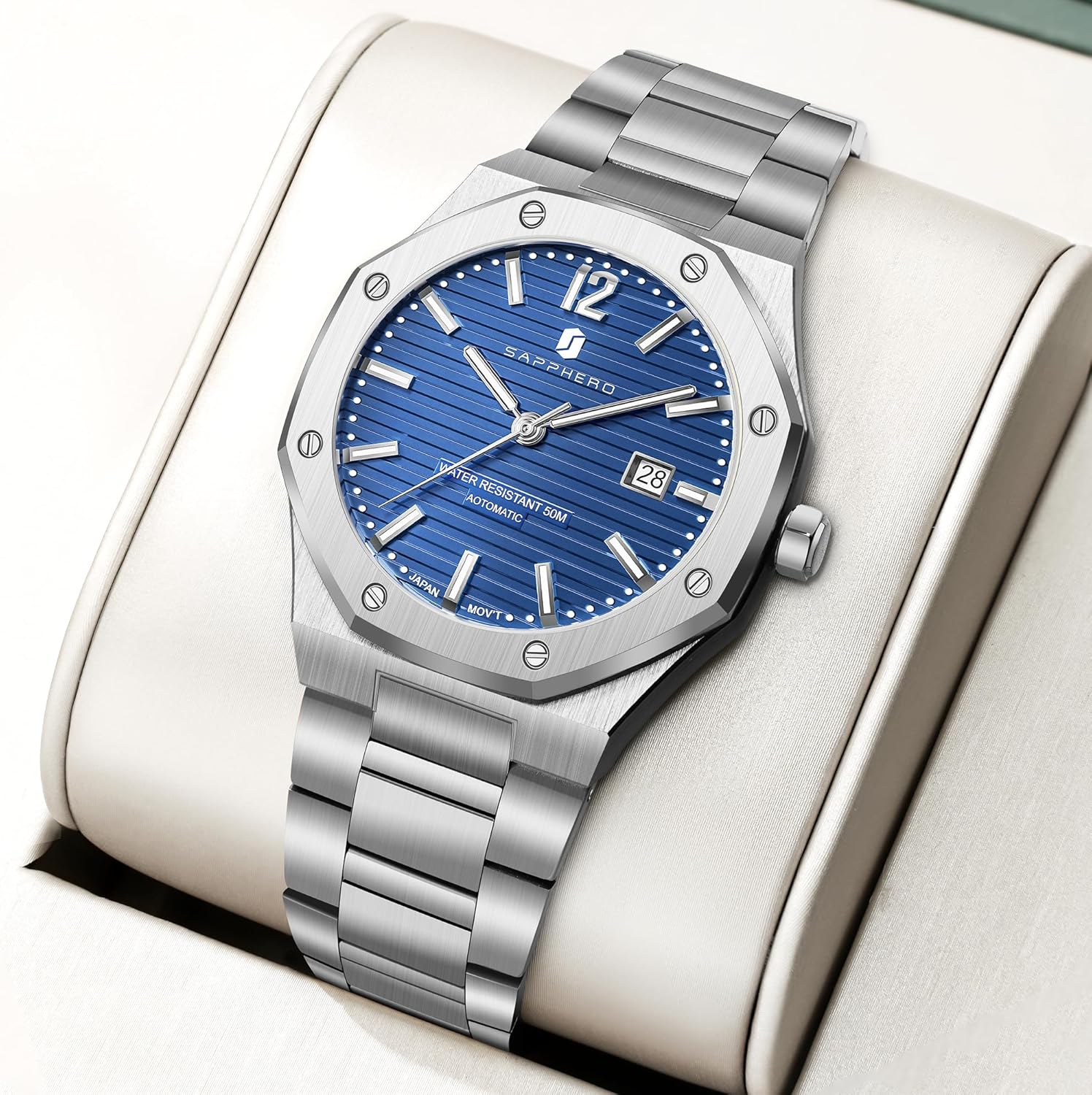 SAPPHERO Mens Watches 50M Waterproof, Men's Mechanical Automatic Watch, Modern Stylish Business Stainless Steel Strap Watch for Men with Date Elegant Mens Gift - Image 4