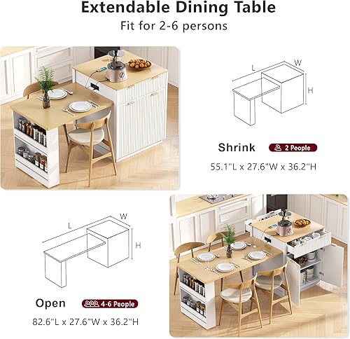 Miniatura 3 de Merax Isla de cocina acanalada de 82.6 pulgadas con mesa de comedor extensible para 4-6, mesa de isla para cocina con toma de corriente, mesa de